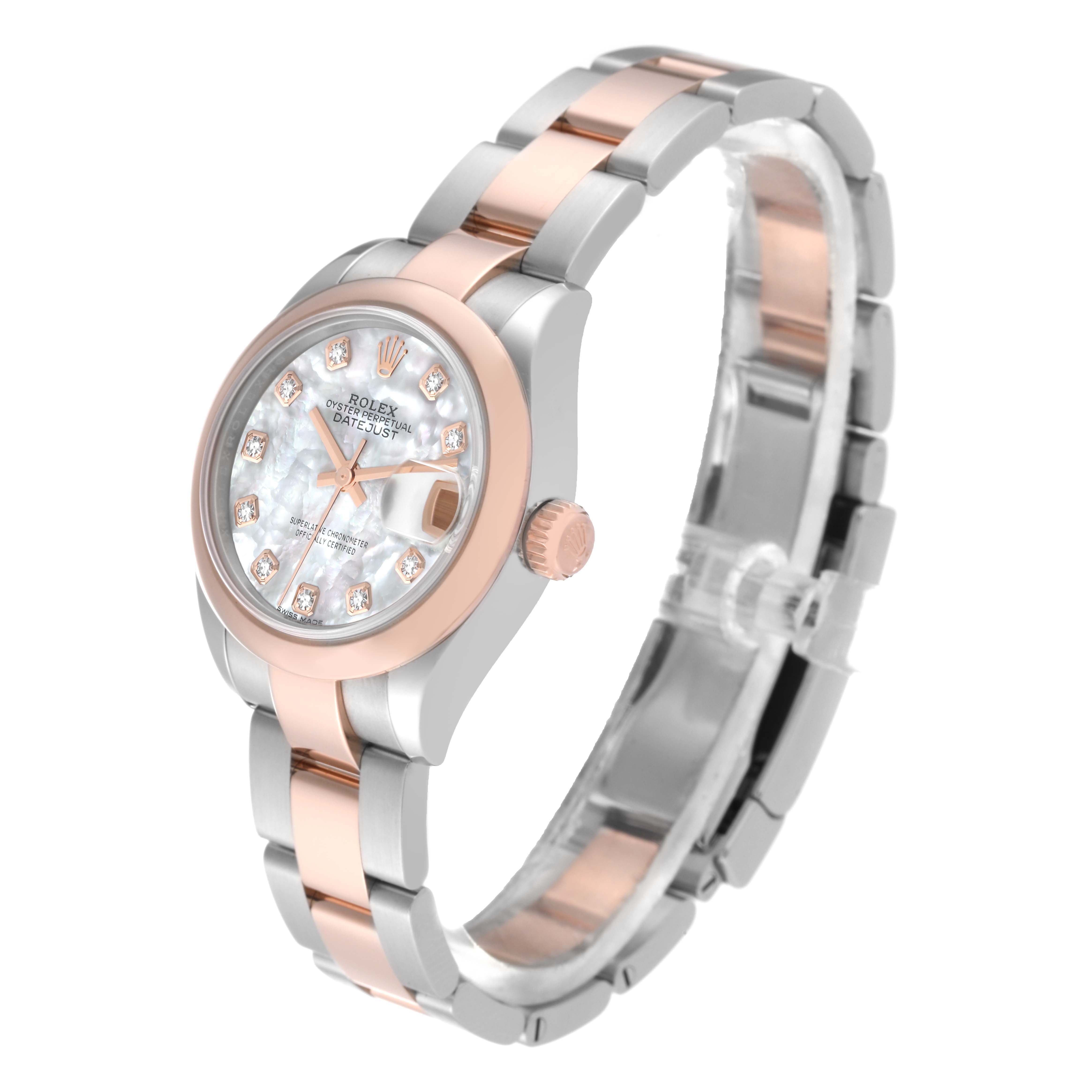 The Rolex Datejust 279161 Women's Steel and Gold (two tone) Mother of Pearl Dial 279161 Women's Steel and Gold (two tone) Mother of Pearl Dial watch is shown at an angled view, displaying its face, bezel, crown, and bracelet.