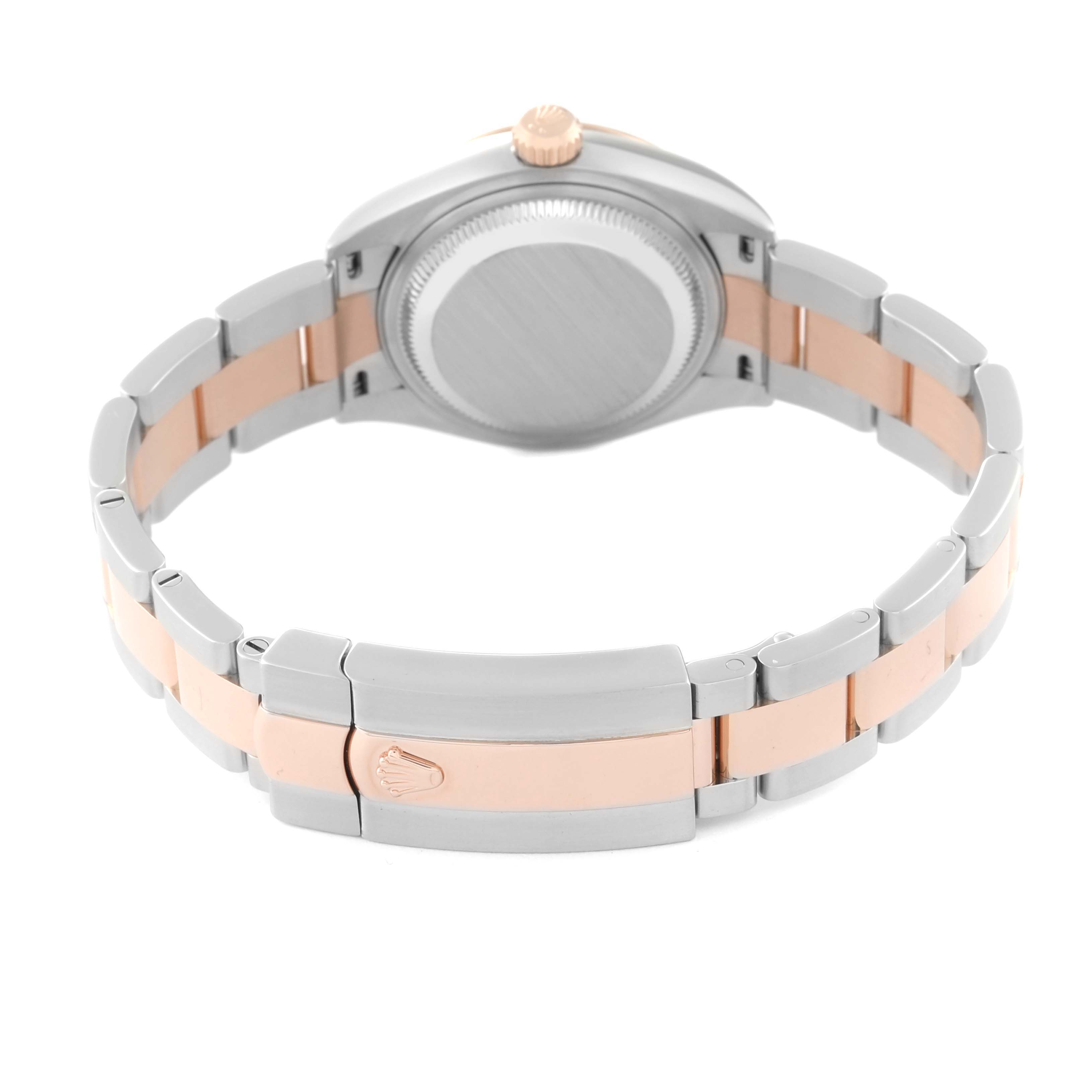 This image shows the back of a Rolex Datejust 279161 Women's Steel and Gold (two tone) Mother of Pearl Dial 279161 Women's Steel and Gold (two tone) Mother of Pearl Dial watch, highlighting the bracelet and clasp, viewed from behind at a slight angle.