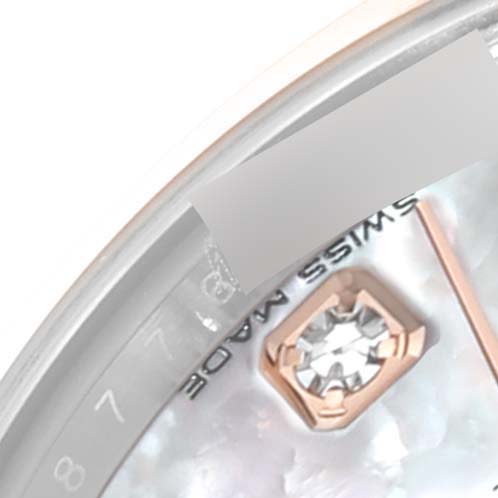 This image shows a close-up of the dial's edge of a Rolex Datejust 279161 Women's Steel and Gold (two tone) Mother of Pearl Dial 279161 Women's Steel and Gold (two tone) Mother of Pearl Dial watch, highlighting the "Swiss Made" text and one diamond hour marker.