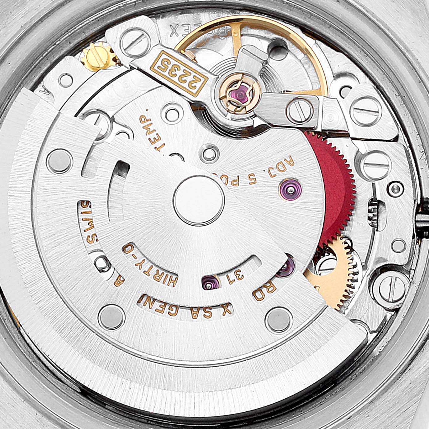 The image shows a close-up view of the Rolex Datejust 79174 Women's Stainless Steel Mother of Pearl Dial 79174 Women's Stainless Steel Mother of Pearl Dial watch movement.