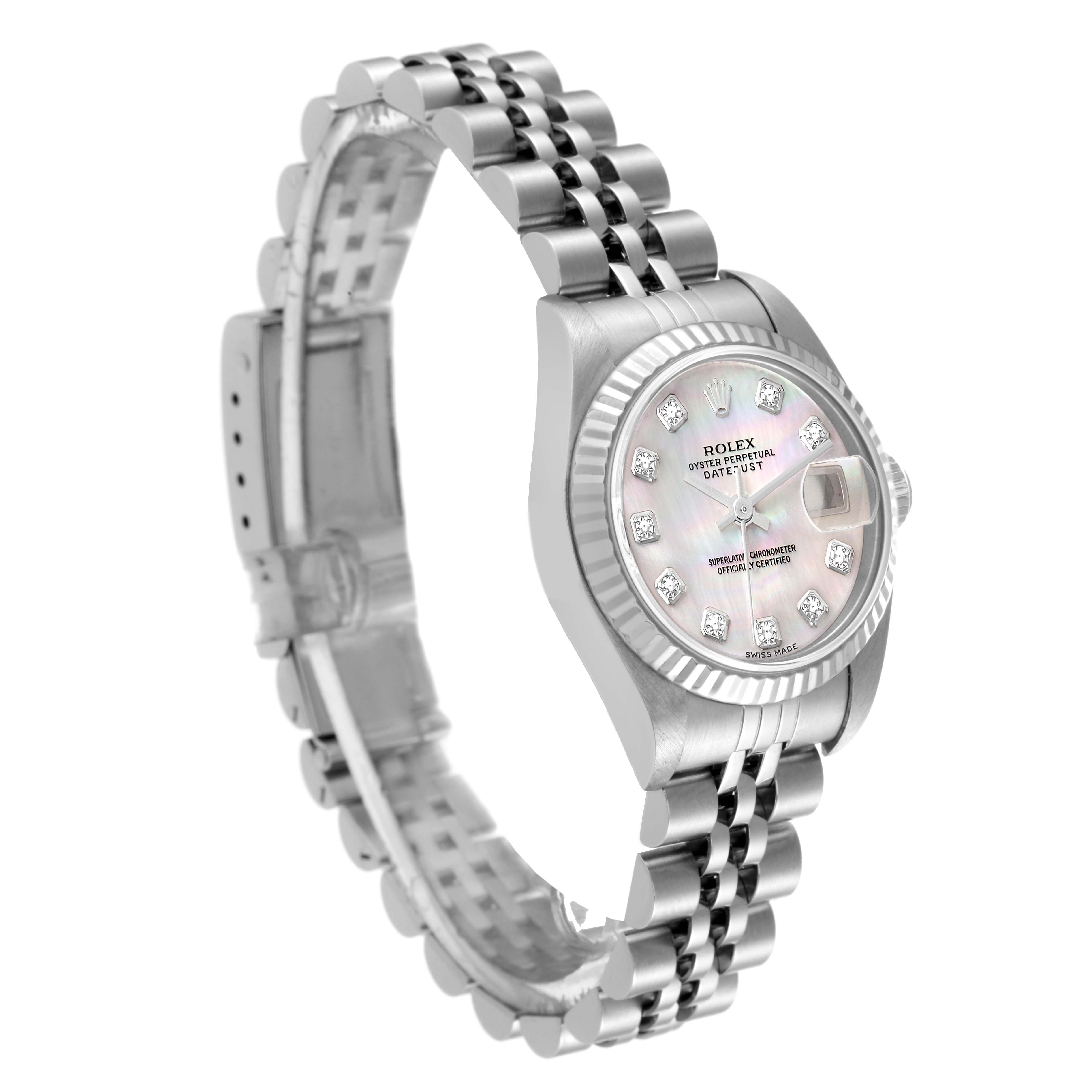 The image shows a side angle of the Rolex Datejust 79174 Women's Stainless Steel Mother of Pearl Dial 79174 Women's Stainless Steel Mother of Pearl Dial watch featuring its bracelet, face, and diamond hour markers.