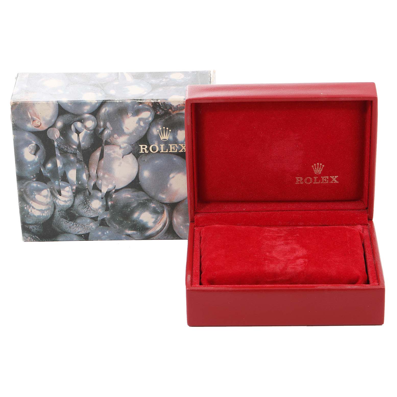 This image shows the open red watch box and outer packaging for a Rolex Datejust 79174 Women's Stainless Steel Mother of Pearl Dial 79174 Women's Stainless Steel Mother of Pearl Dial model.