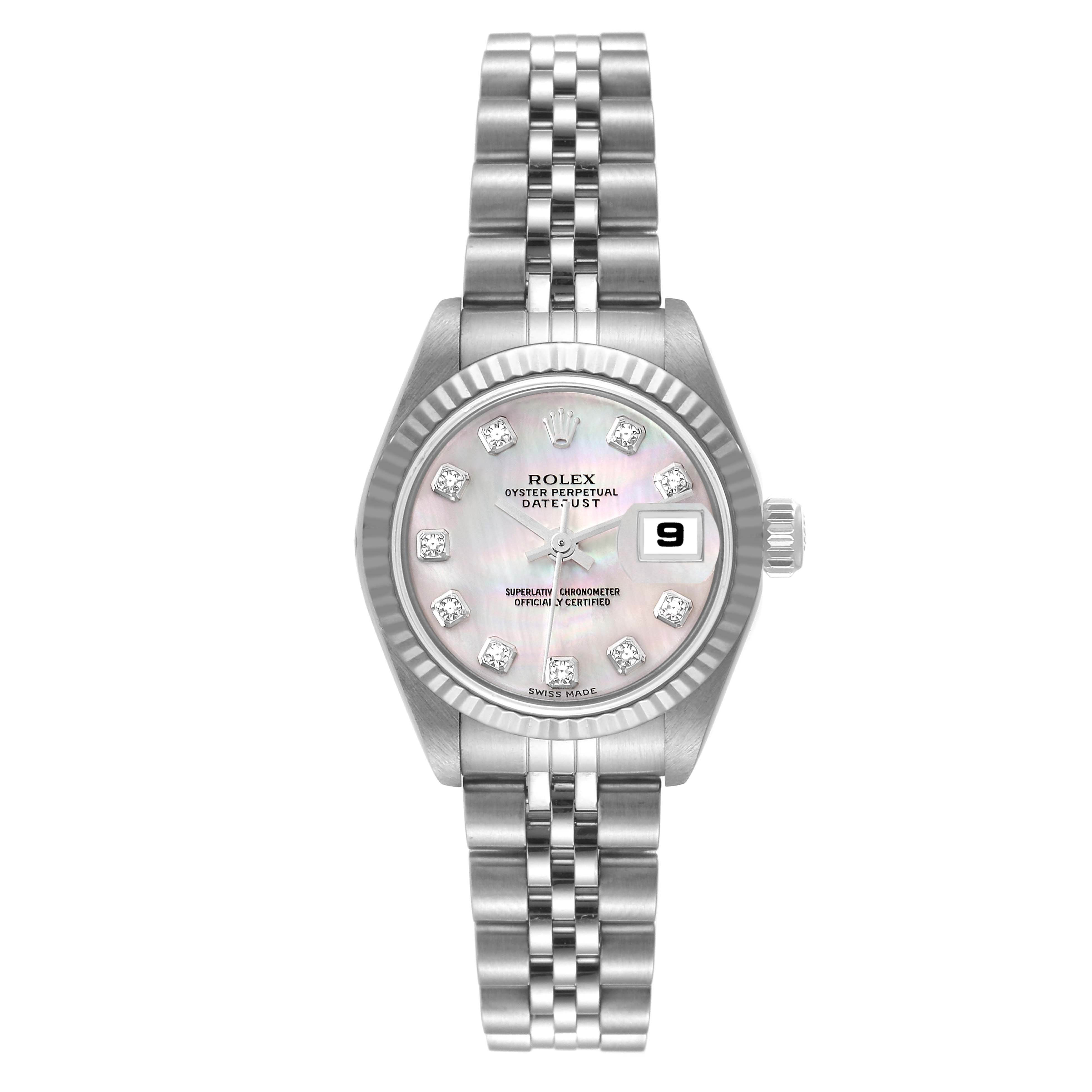 The image shows a front view of a Rolex Datejust 79174 Women's Stainless Steel Mother of Pearl Dial 79174 Women's Stainless Steel Mother of Pearl Dial watch, including the face, bezel, and bracelet.