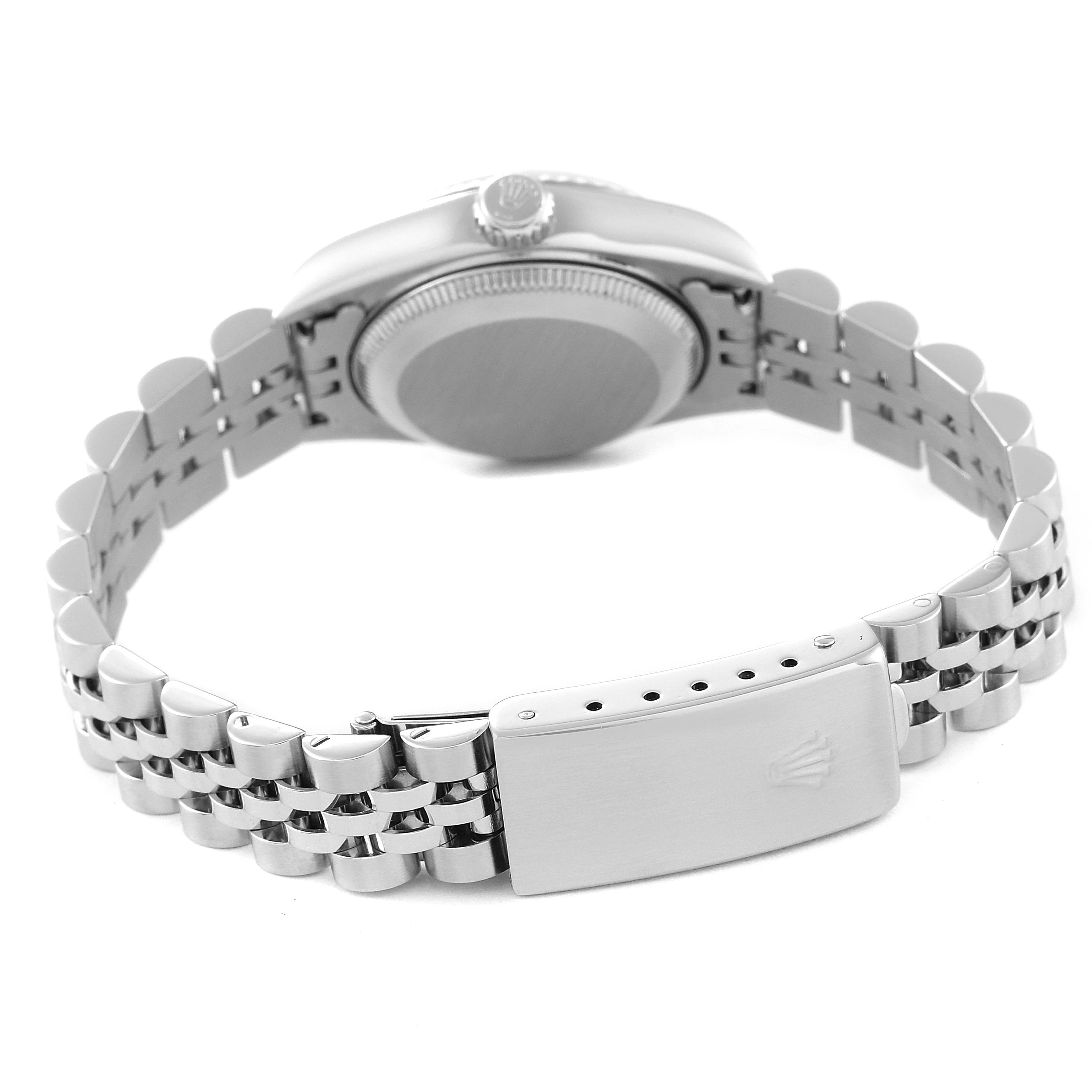 This is a rear view of a Rolex Datejust 79174 Women's Stainless Steel Mother of Pearl Dial 79174 Women's Stainless Steel Mother of Pearl Dial, showing the bracelet, clasp, and case back.