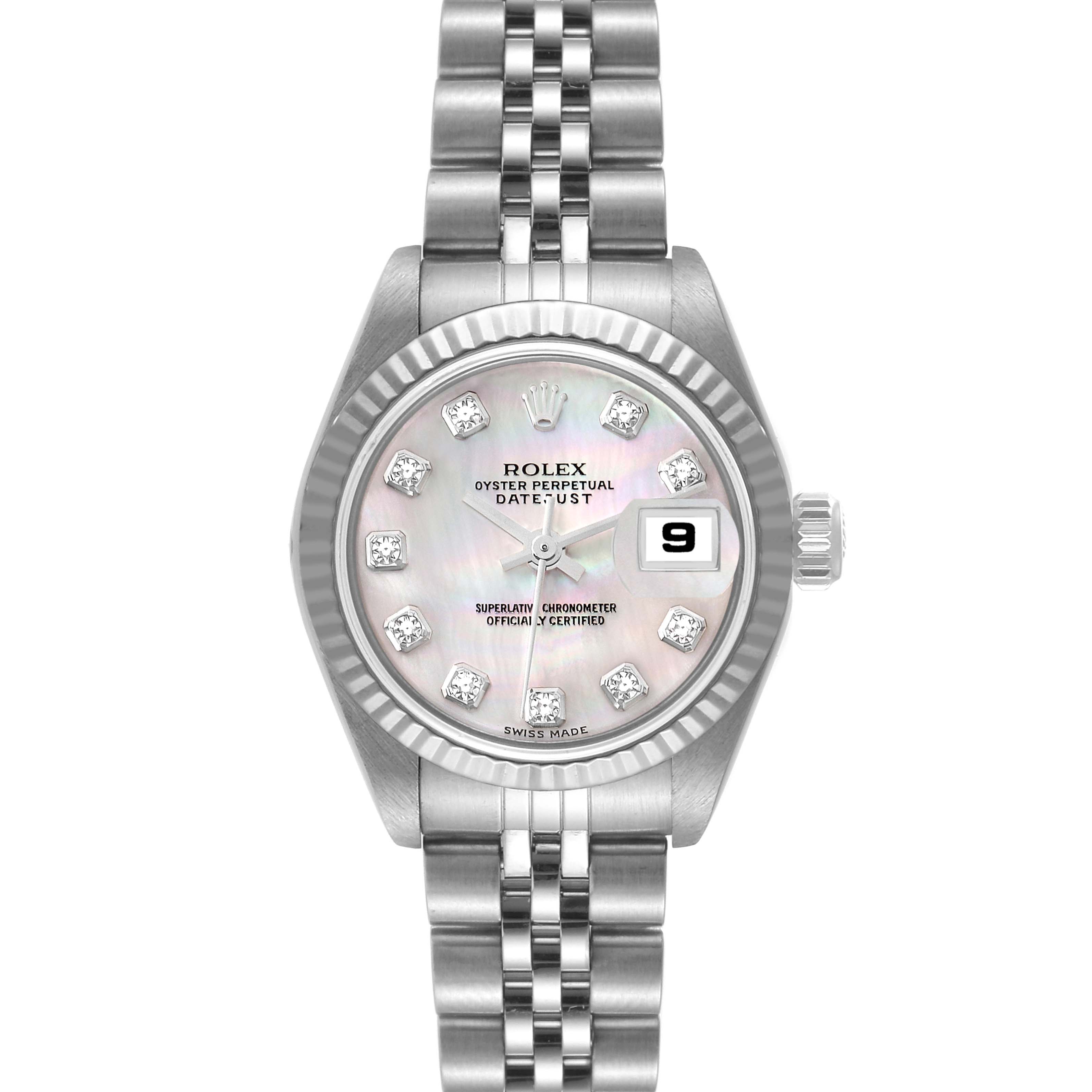 This is a head-on view of a Rolex Datejust 79174 Women's Stainless Steel Mother of Pearl Dial 79174 Women's Stainless Steel Mother of Pearl Dial watch showing the face, bezel, and part of the bracelet.