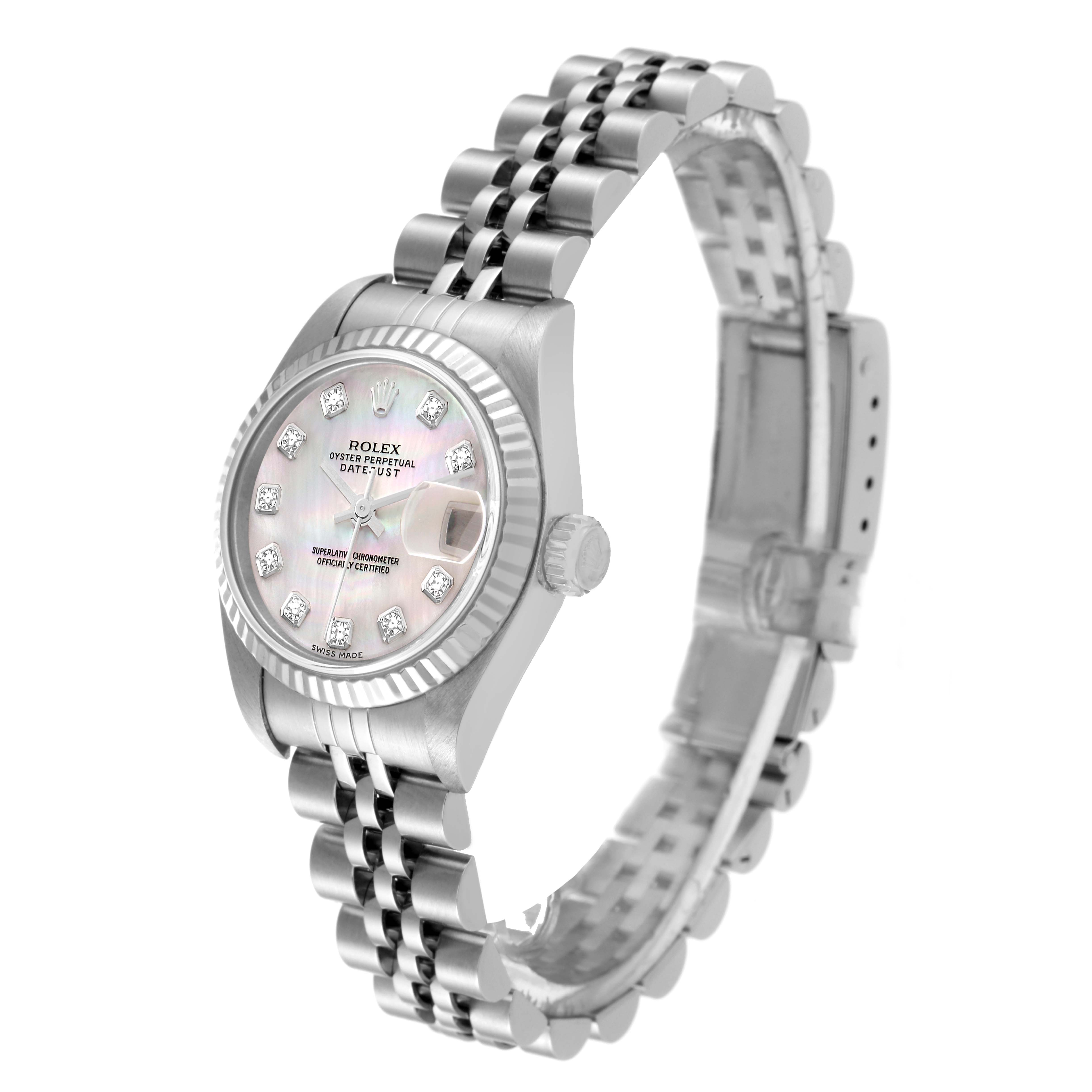 The image shows a side view of a Rolex Datejust 79174 Women's Stainless Steel Mother of Pearl Dial 79174 Women's Stainless Steel Mother of Pearl Dial watch, highlighting the face, bezel, and band.