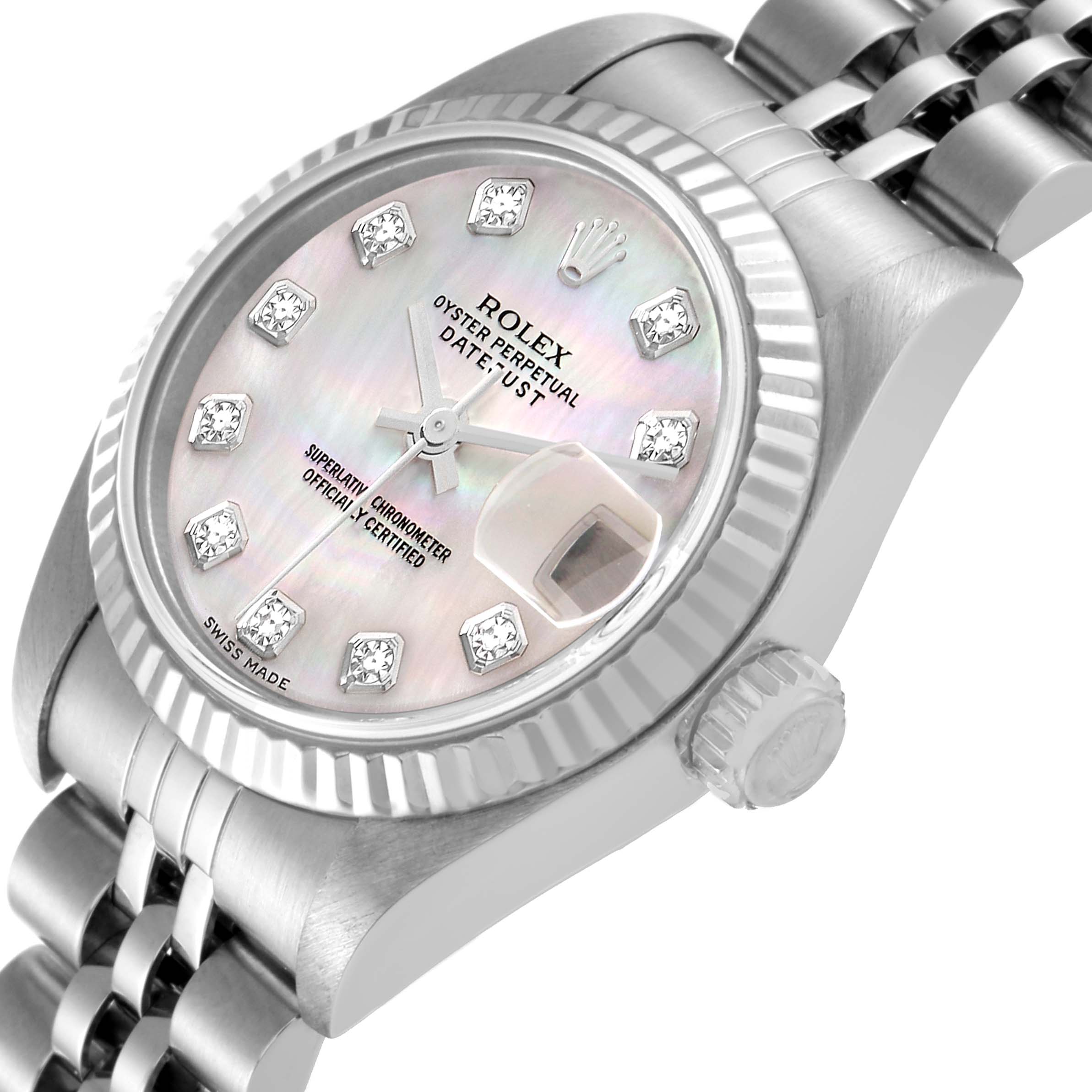 The image shows a close-up angle of the Rolex Datejust 79174 Women's Stainless Steel Mother of Pearl Dial 79174 Women's Stainless Steel Mother of Pearl Dial watch's dial, bezel, crown, and part of the bracelet.