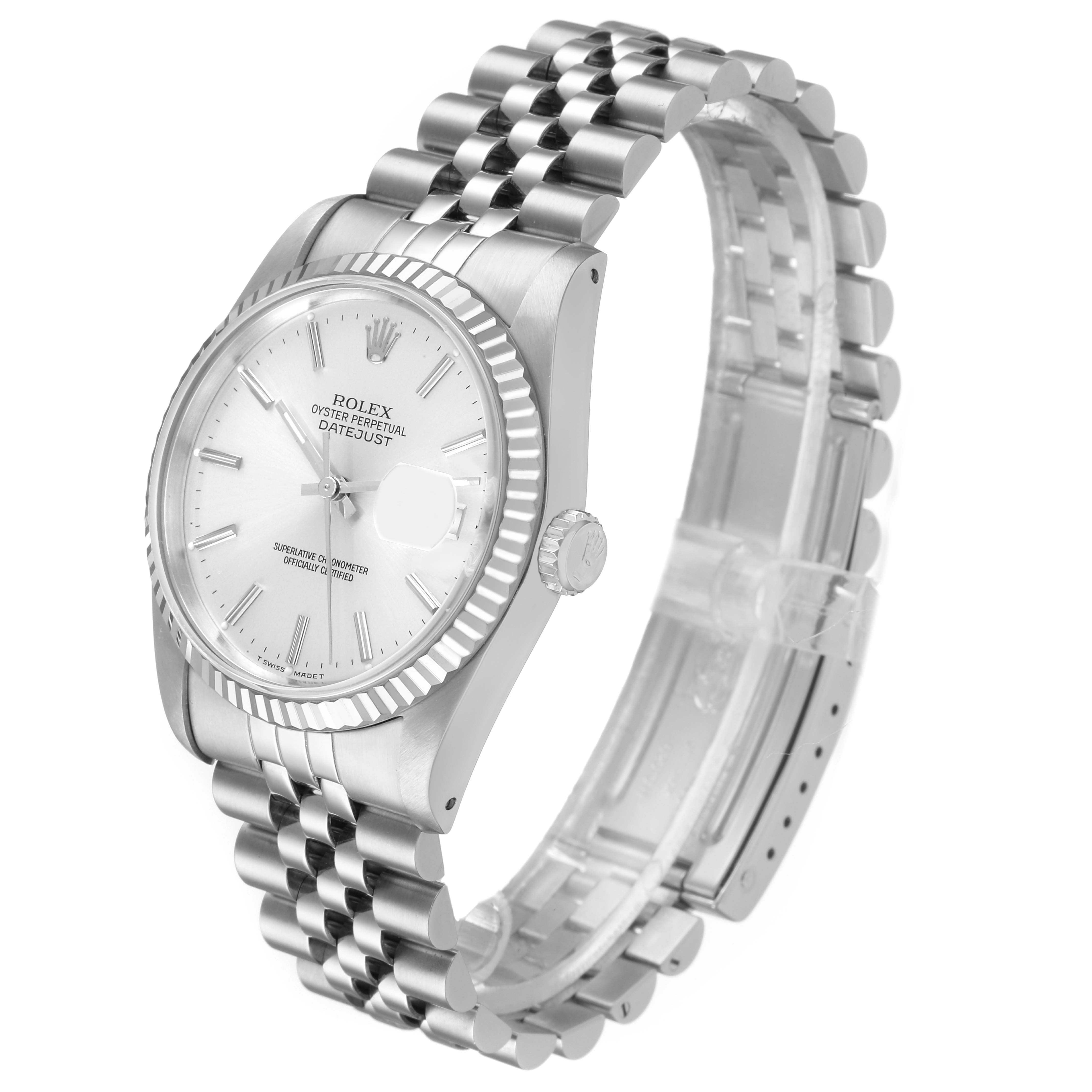The Rolex Datejust 16234 Men's Stainless Steel Silver Dial watch is shown at an angle highlighting the dial, bezel, crown, and Jubilee bracelet.