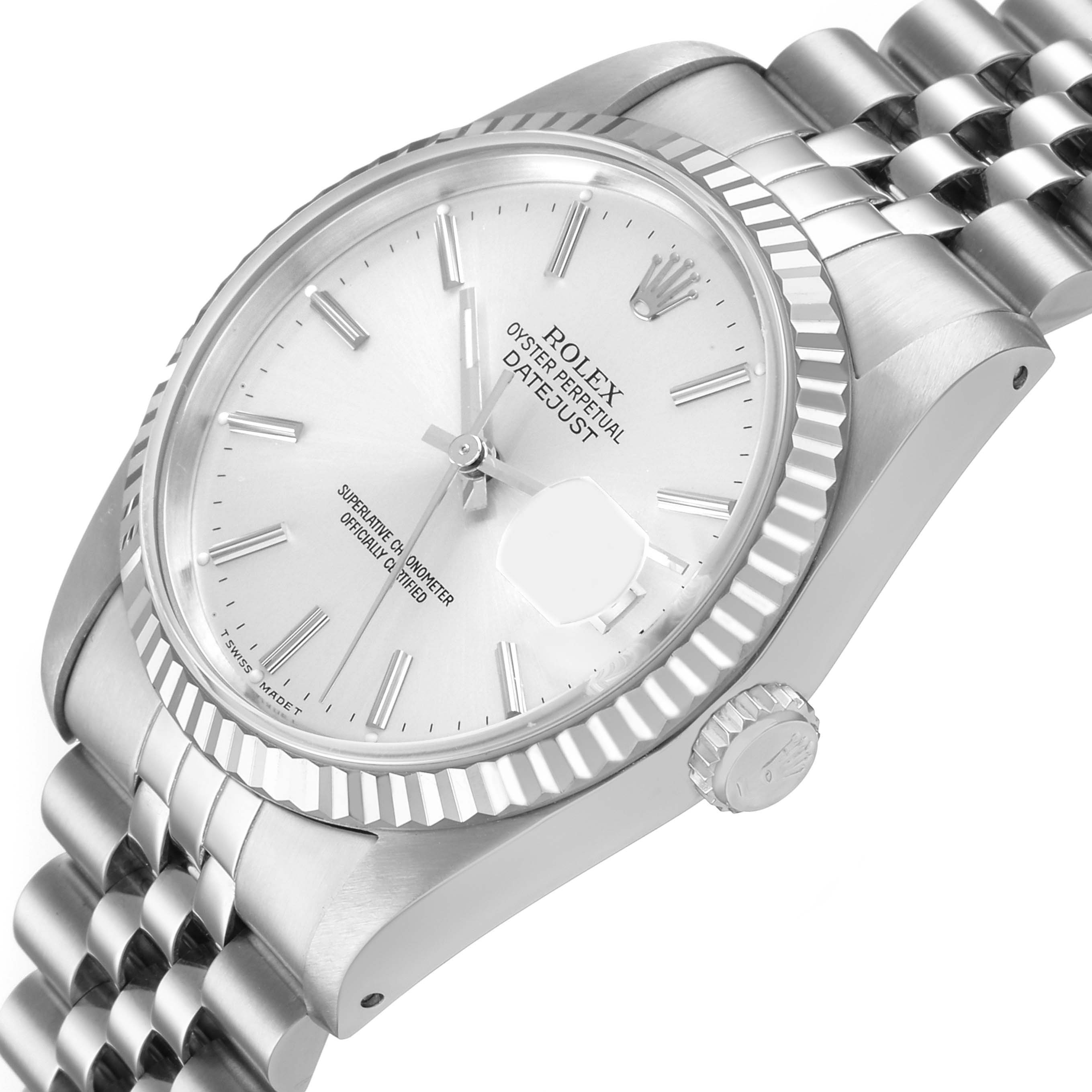The image shows a Rolex Datejust 16234 Men's Stainless Steel Silver Dial watch from a three-quarter angle, highlighting the dial, fluted bezel, and part of the Jubilee bracelet.