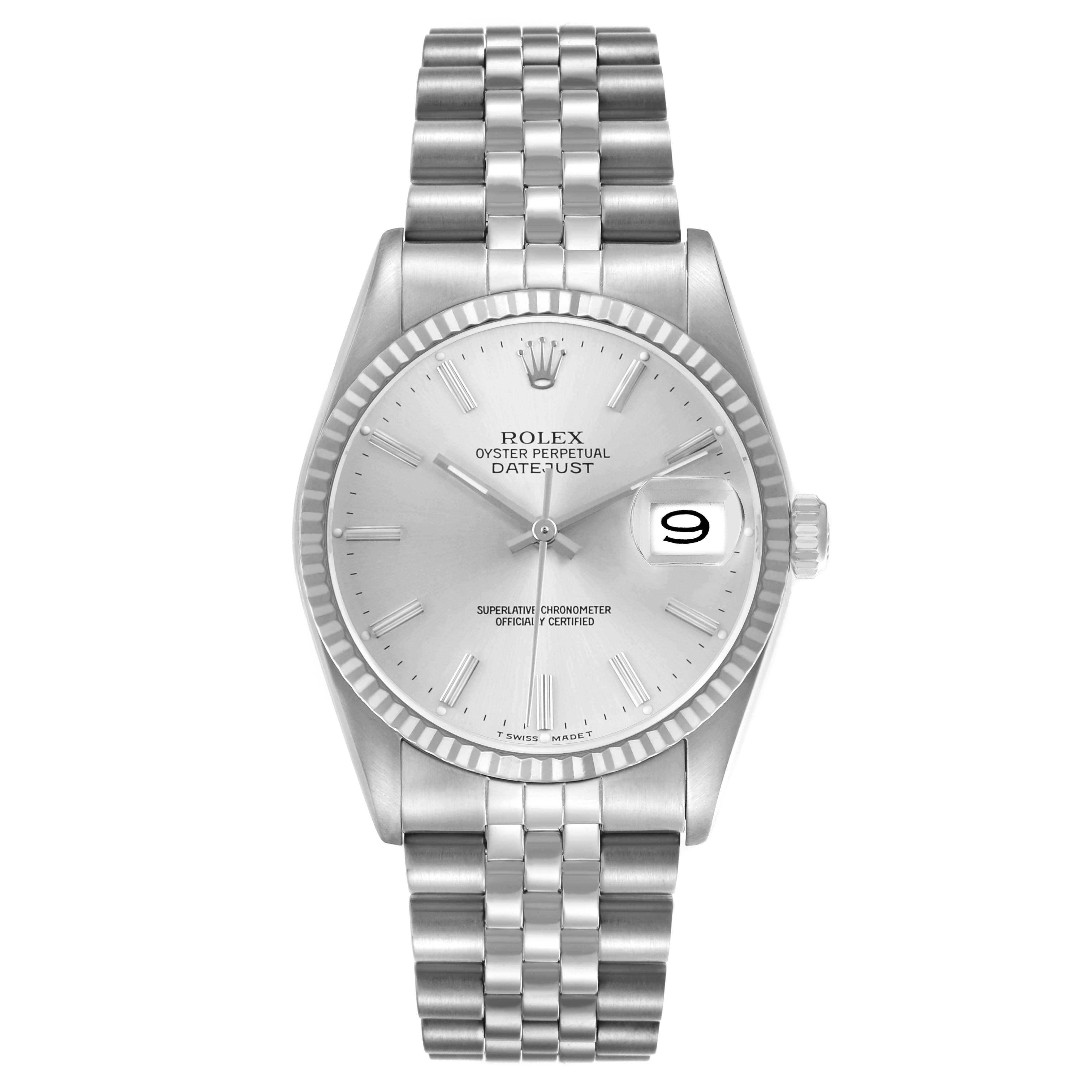 The Rolex Datejust 16234 Men's Stainless Steel Silver Dial watch is shown from a front angle, displaying the face, bezel, hands, date window, and bracelet.