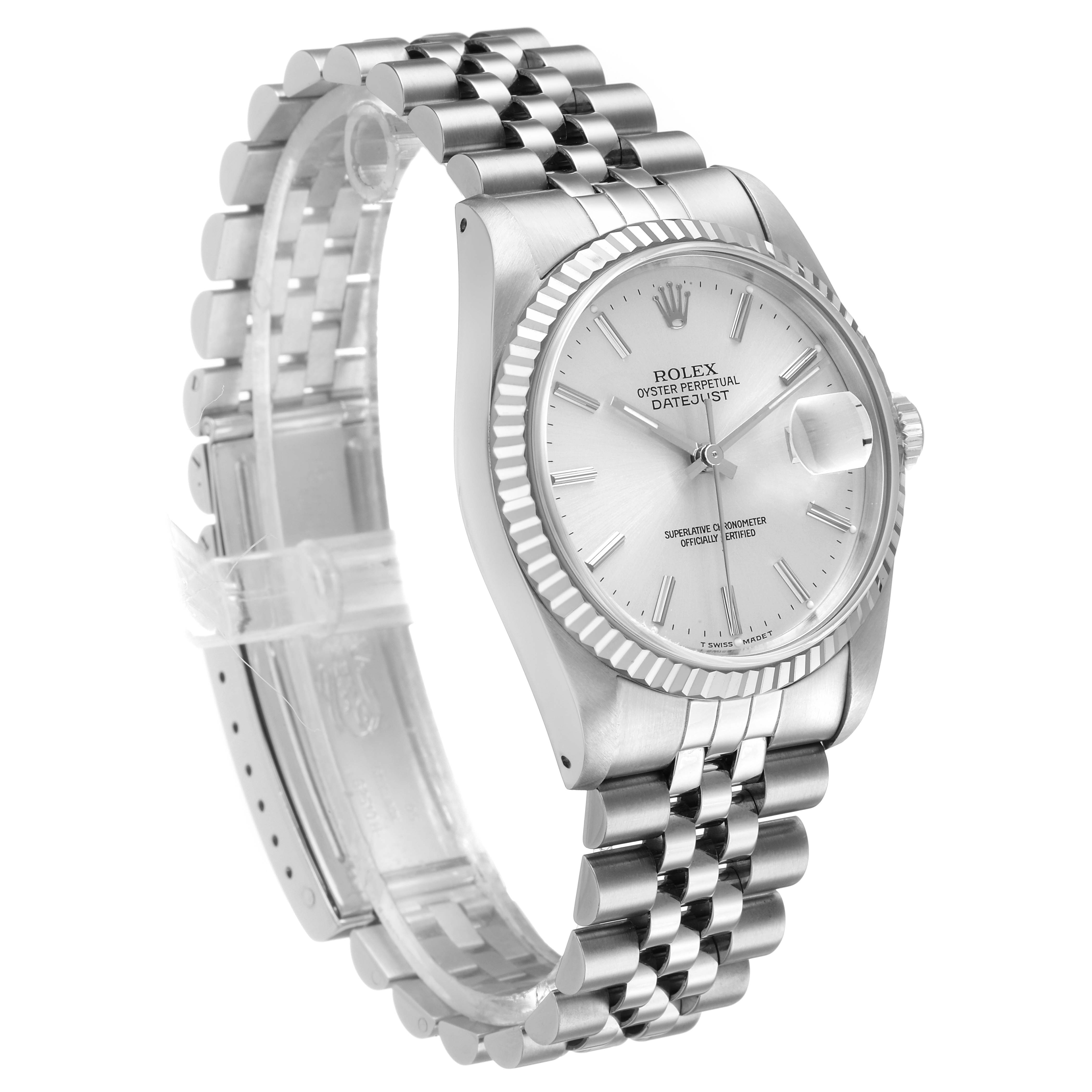 The Rolex Datejust 16234 Men's Stainless Steel Silver Dial watch is shown at a three-quarter angle, highlighting the dial, bezel, and bracelet.