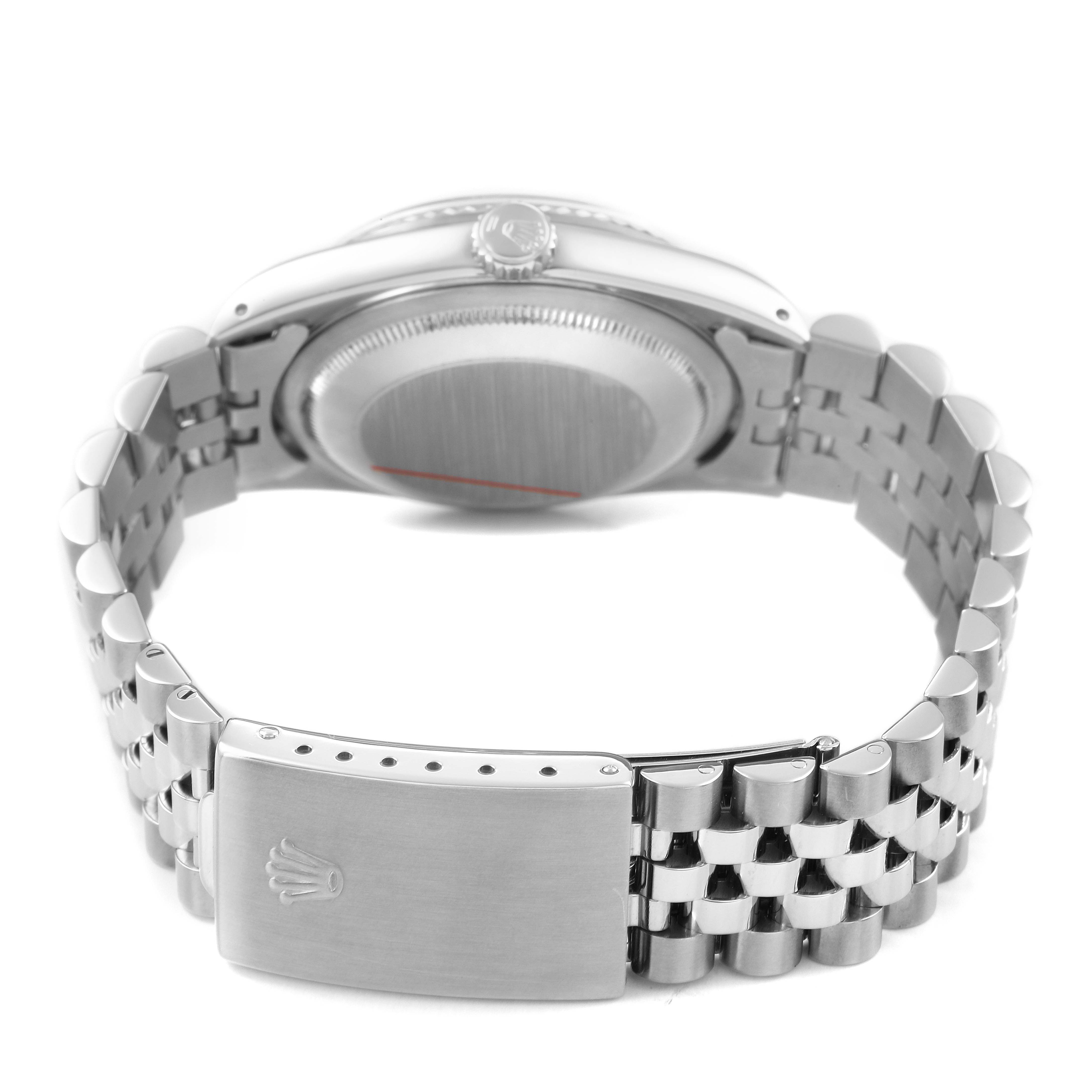 The image shows the back of the Rolex Datejust 16234 Men's Stainless Steel Silver Dial, highlighting the clasp and case back from a rear angle.