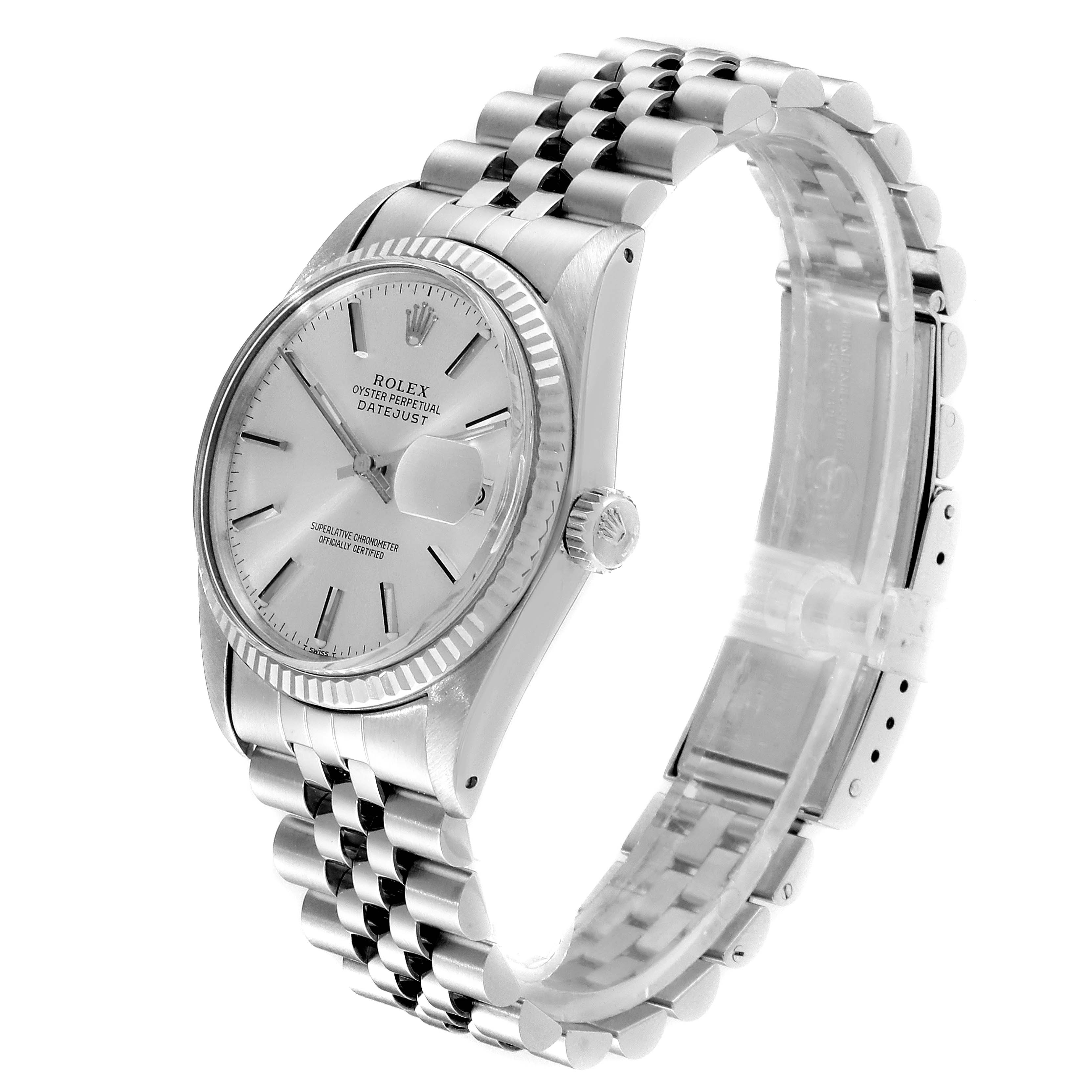 The image shows a Rolex Datejust 16014 Men
s Stainless Steel Silver Dial 16014 Men
s Stainless Steel Silver Dial watch at a three-quarter angle, highlighting the dial, bezel, crown, and bracelet.