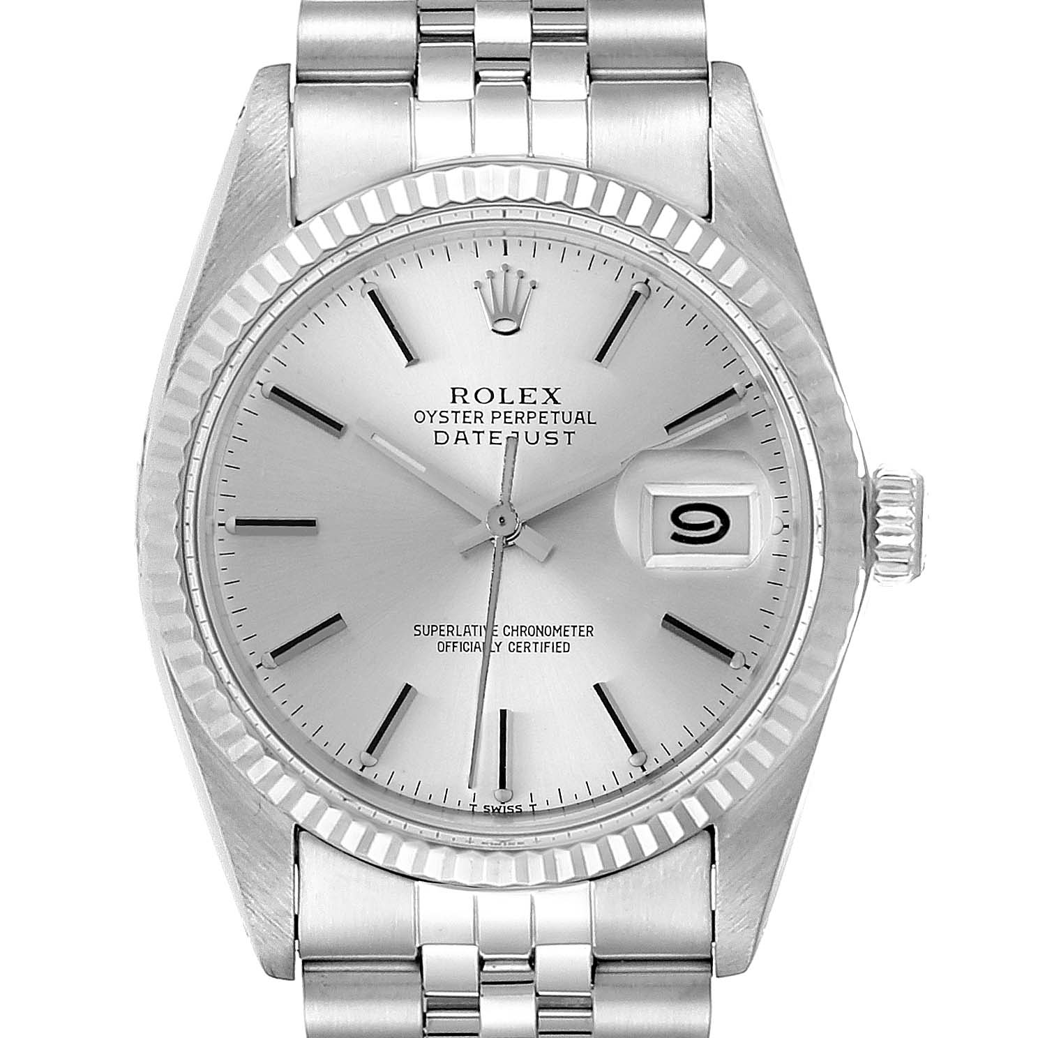 The image shows a front view of a Rolex Datejust 16014 Men
s Stainless Steel Silver Dial 16014 Men
s Stainless Steel Silver Dial watch, highlighting the dial, hour markers, hands, date window, and bracelet.