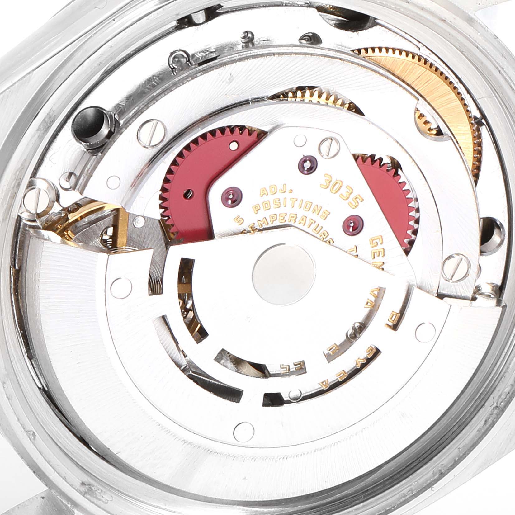 This image shows the internal movement mechanism of a Rolex Datejust 16014 Men
s Stainless Steel Silver Dial 16014 Men
s Stainless Steel Silver Dial watch from a top-down angle.