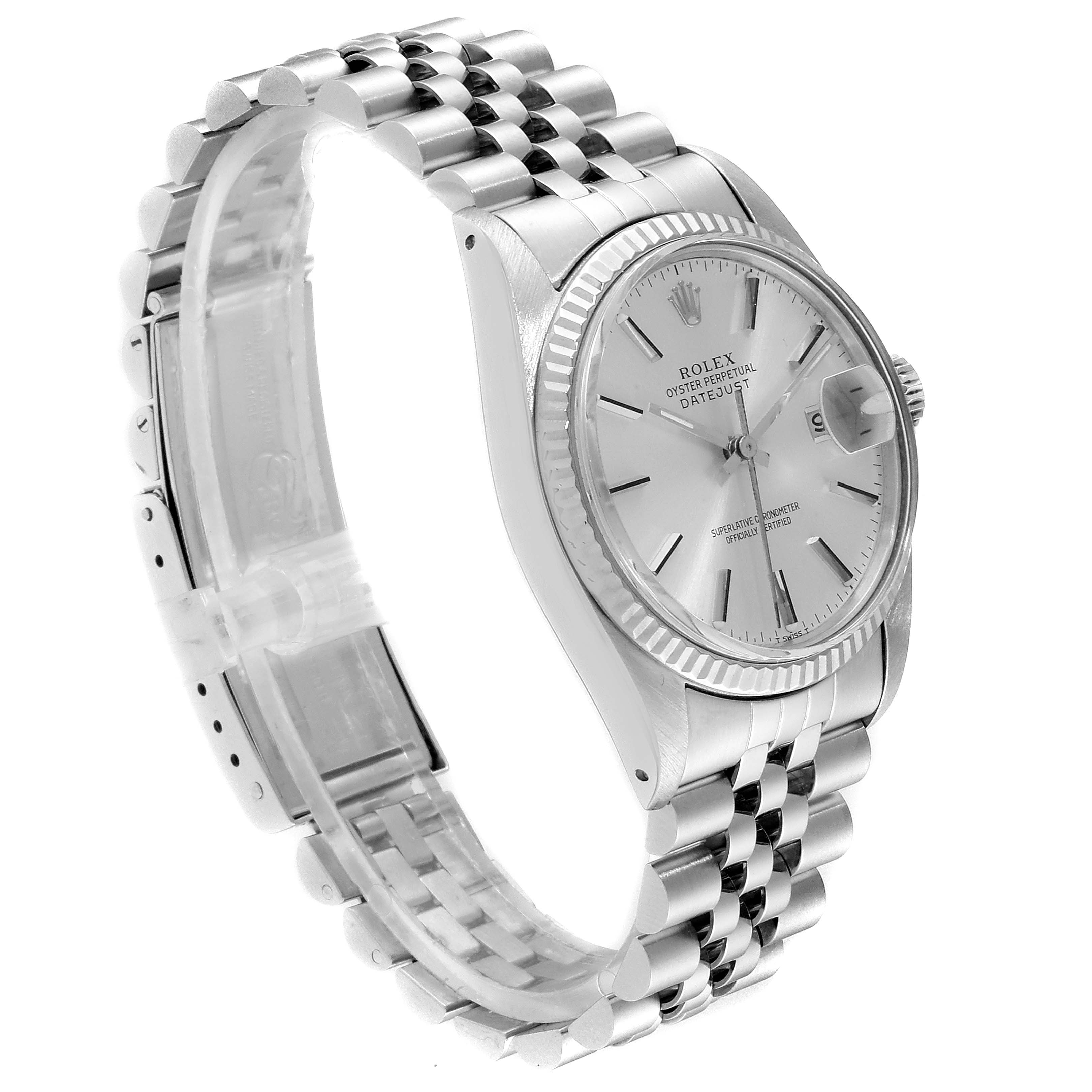 The image shows a side angle of a Rolex Datejust 16014 Men
s Stainless Steel Silver Dial 16014 Men
s Stainless Steel Silver Dial, displaying its face, bezel, and Jubilee bracelet.