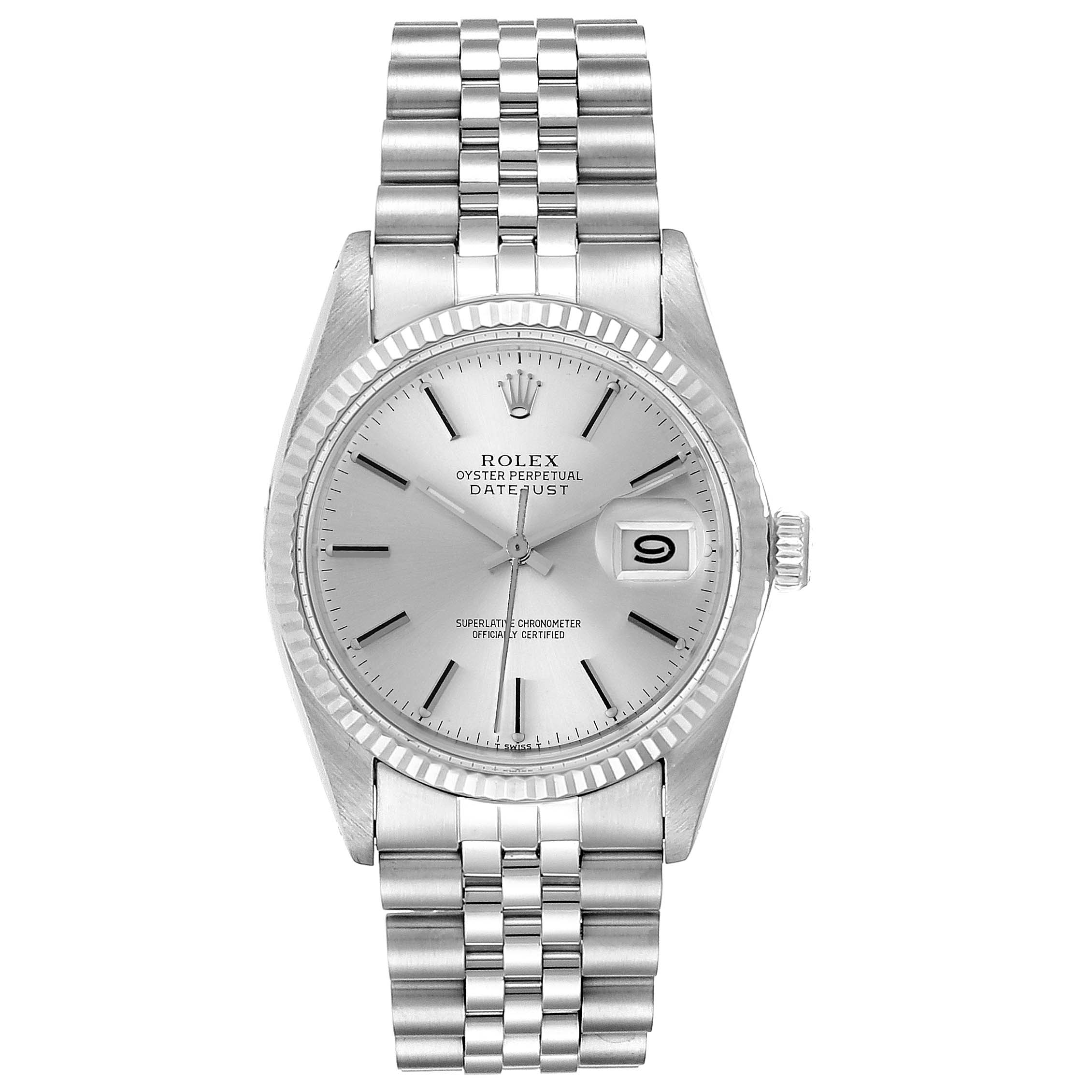 The image shows a front view of a Rolex Datejust 16014 Men
s Stainless Steel Silver Dial 16014 Men
s Stainless Steel Silver Dial watch, displaying its face, dial, hands, bracelet, and date window.