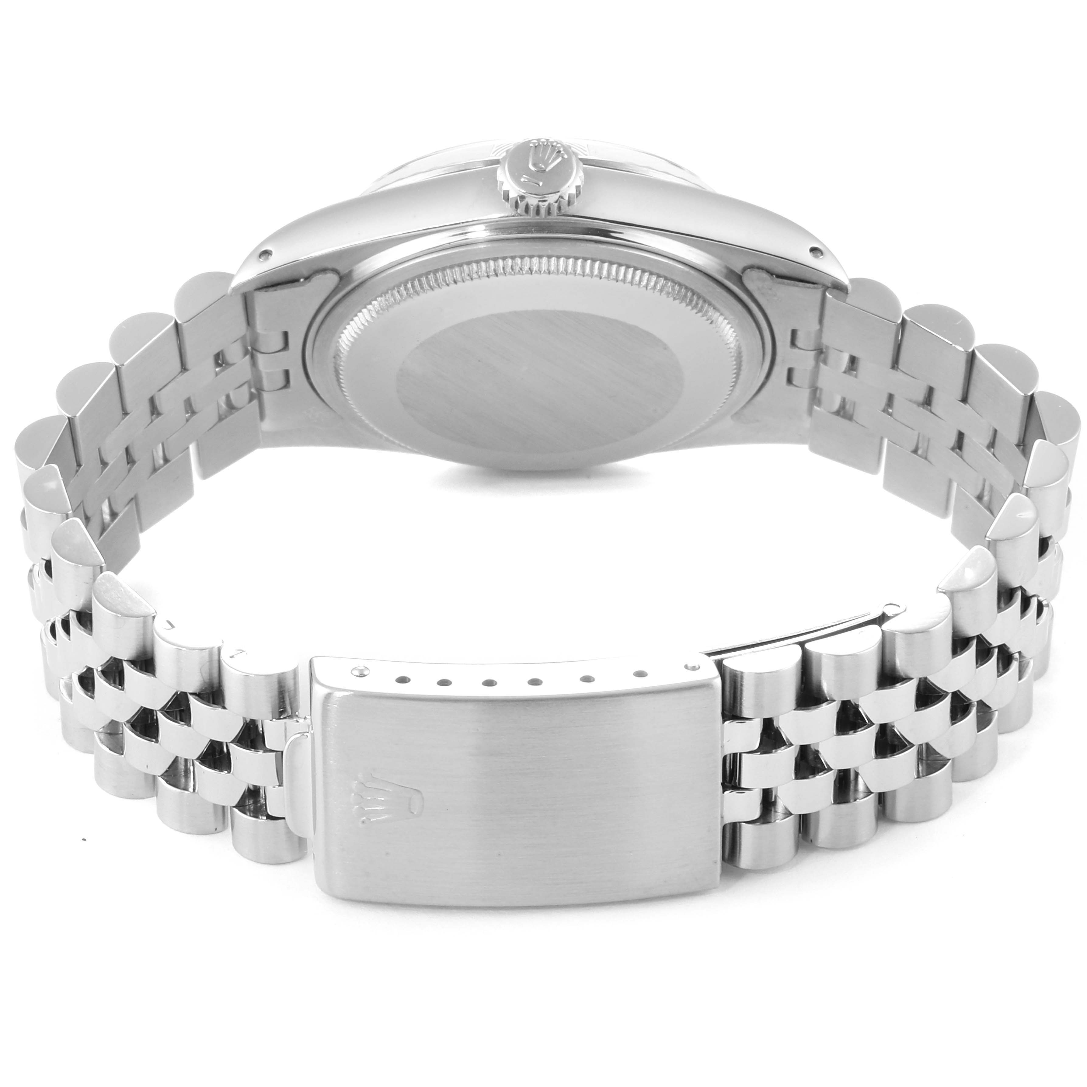 This image shows the back view of a Rolex Datejust 16014 Men
s Stainless Steel Silver Dial 16014 Men
s Stainless Steel Silver Dial watch, focusing on the case back, crown, and Jubilee bracelet with clasp.