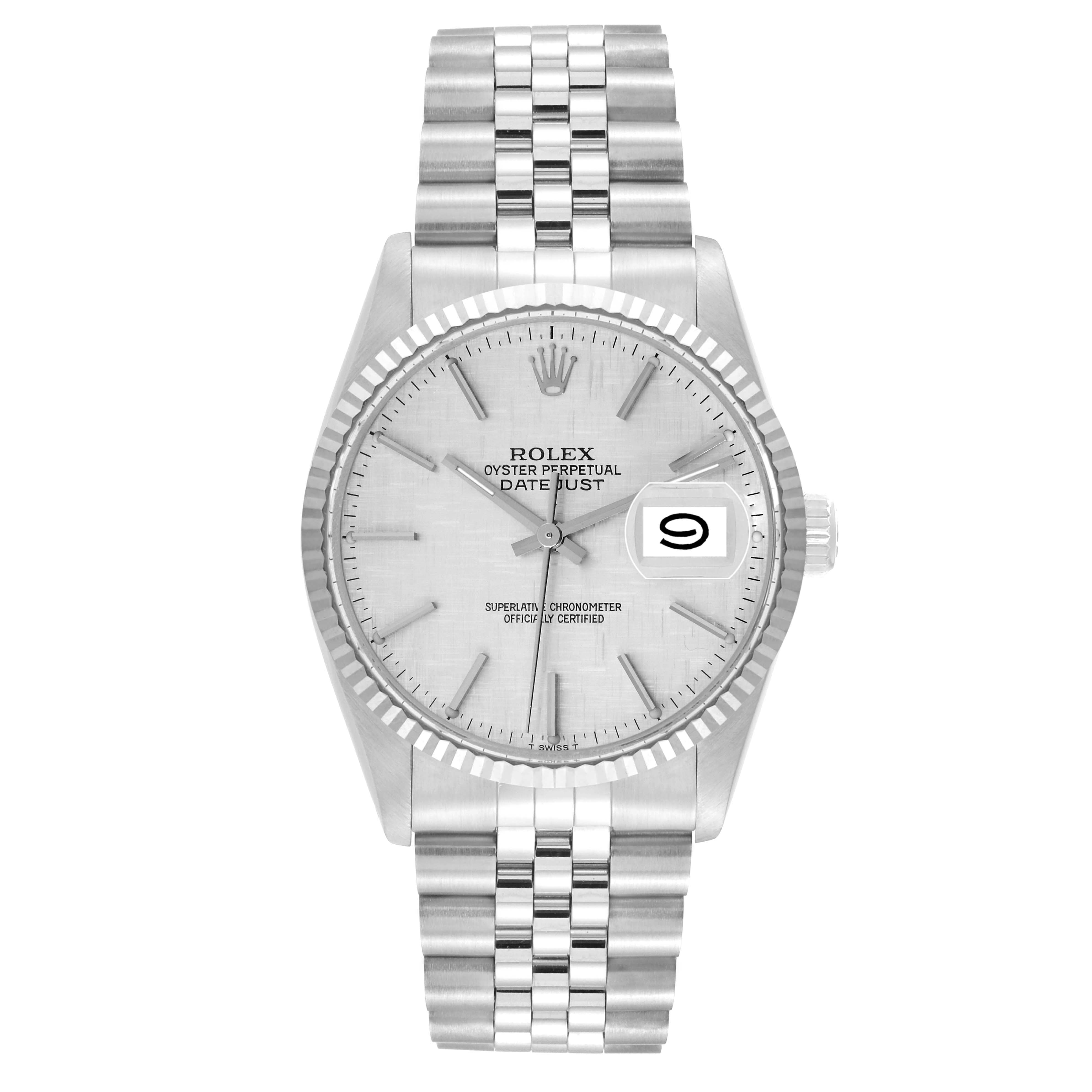 This angle showcases the Rolex Vintage Collection 16014 Men
s Stainless Steel Silver Dial 16014 Men
s Stainless Steel Silver Dial Oyster Perpetual Datejust watch face and bracelet strap.