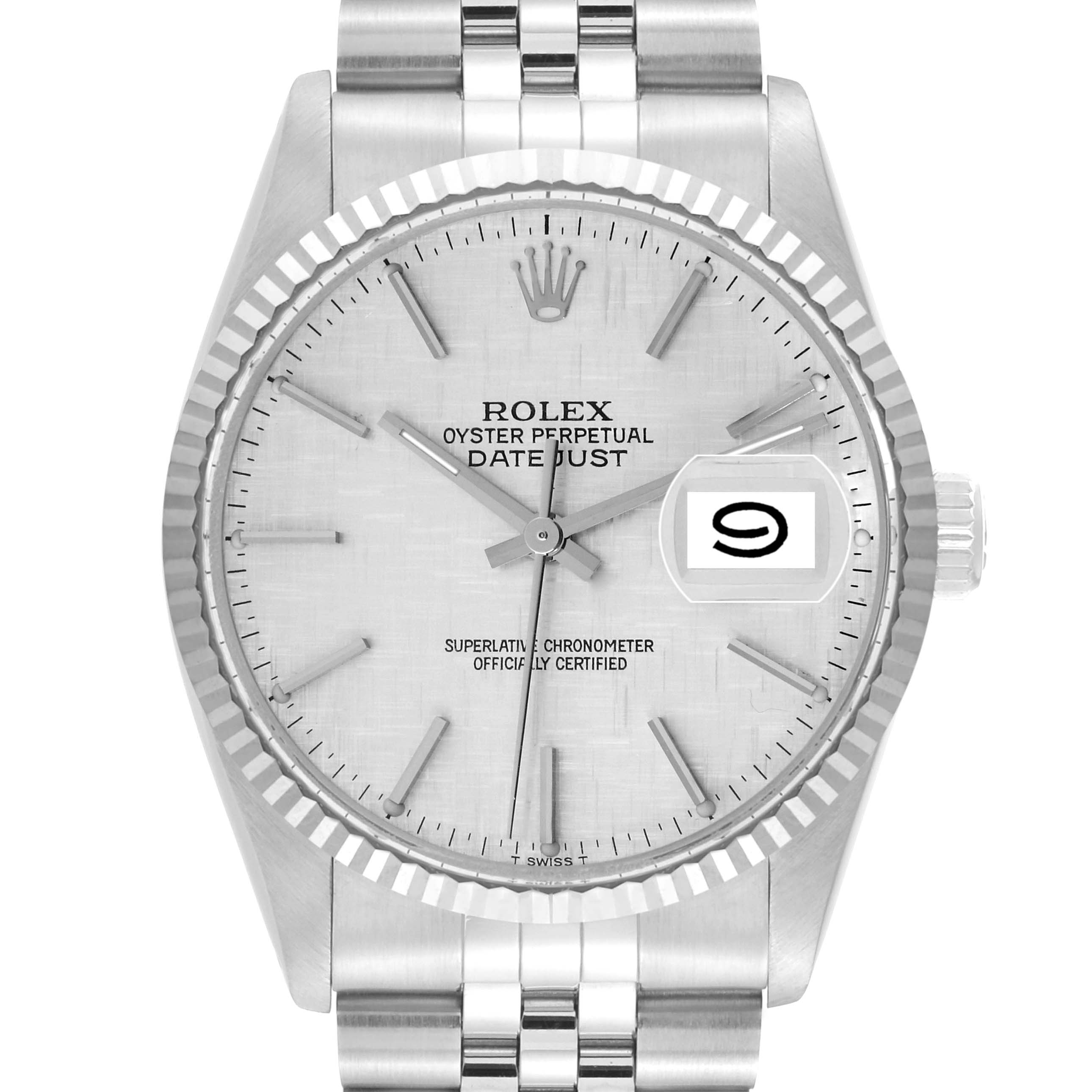 The image shows a front view of the Rolex Vintage Collection 16014 Men
s Stainless Steel Silver Dial 16014 Men
s Stainless Steel Silver Dial Datejust watch, highlighting its dial, hands, date display, and part of the bracelet.