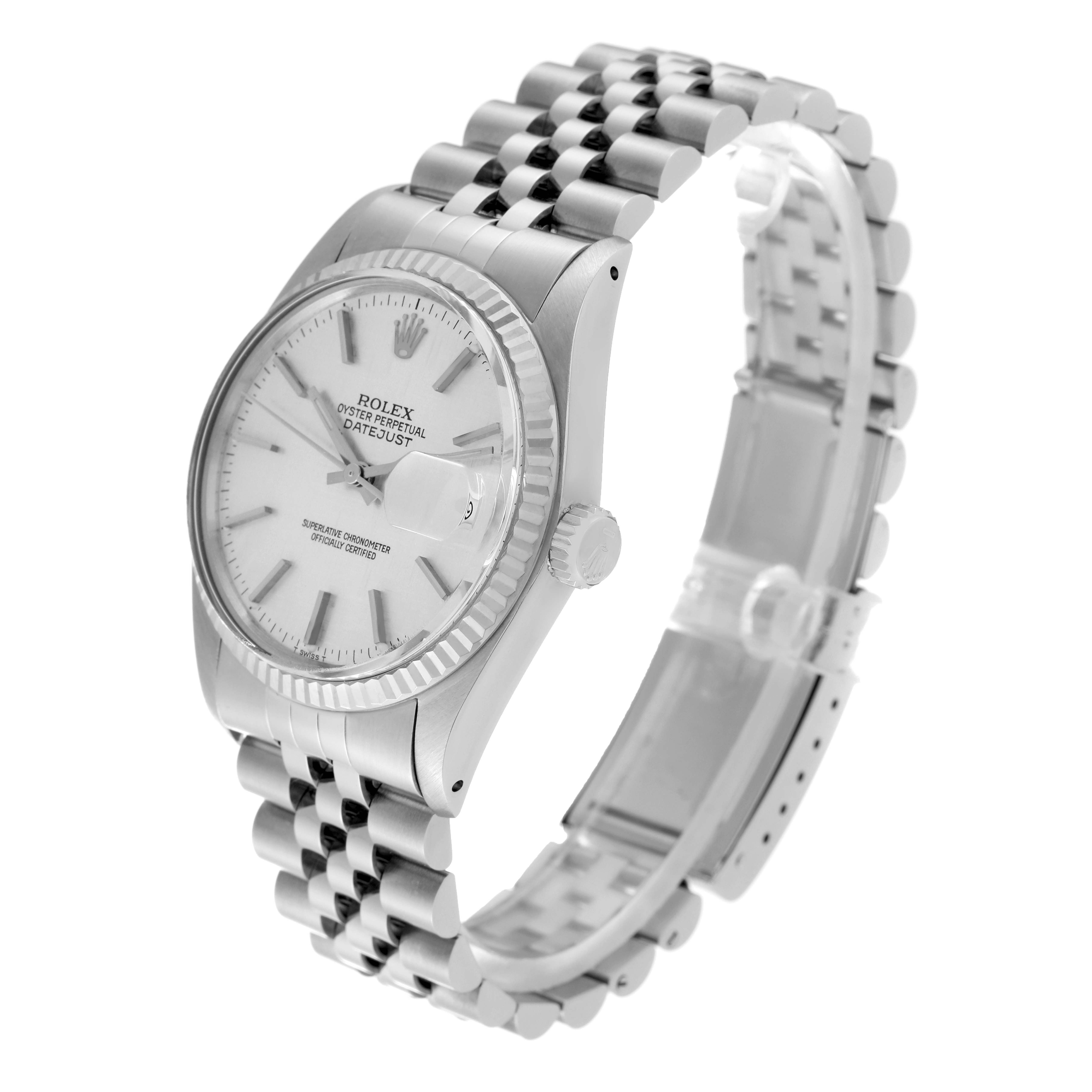 This image shows a Rolex Vintage Collection 16014 Men
s Stainless Steel Silver Dial 16014 Men
s Stainless Steel Silver Dial Oyster Perpetual Datejust from a side angle featuring the watch face and metal strap.