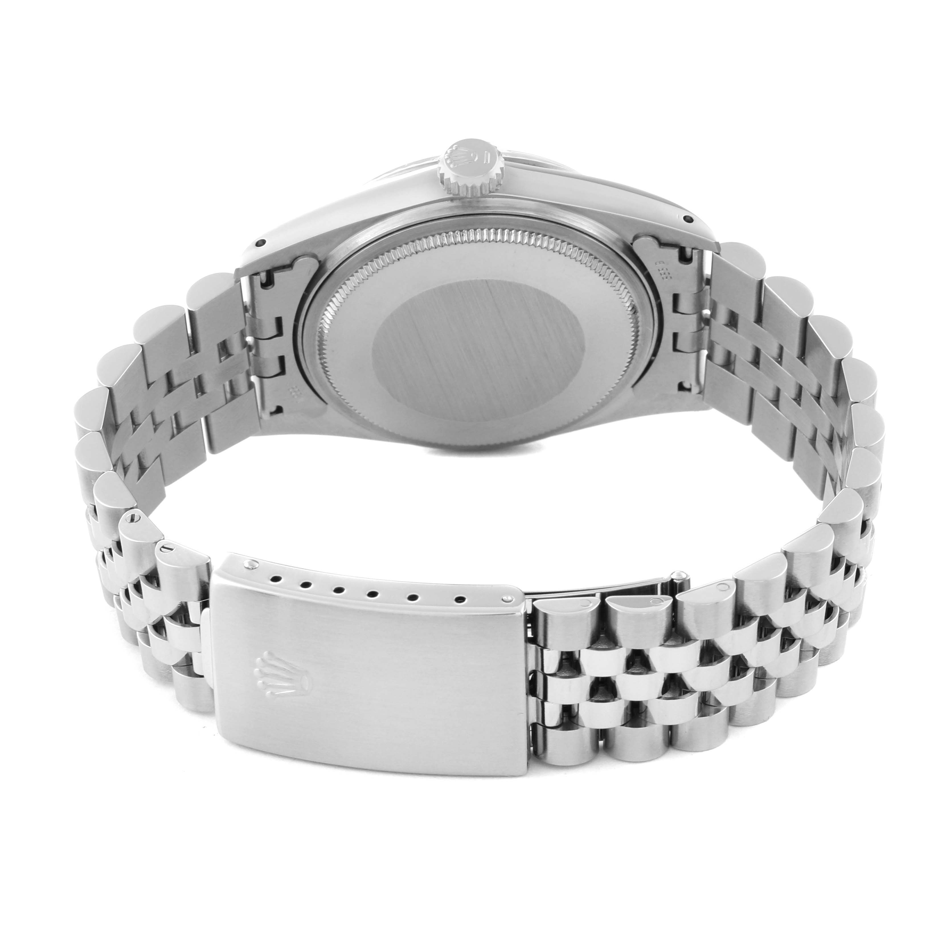 The image shows the back view of the Rolex Vintage Collection 16014 Men
s Stainless Steel Silver Dial 16014 Men
s Stainless Steel Silver Dial watch, highlighting the case back and Jubilee bracelet with clasp.