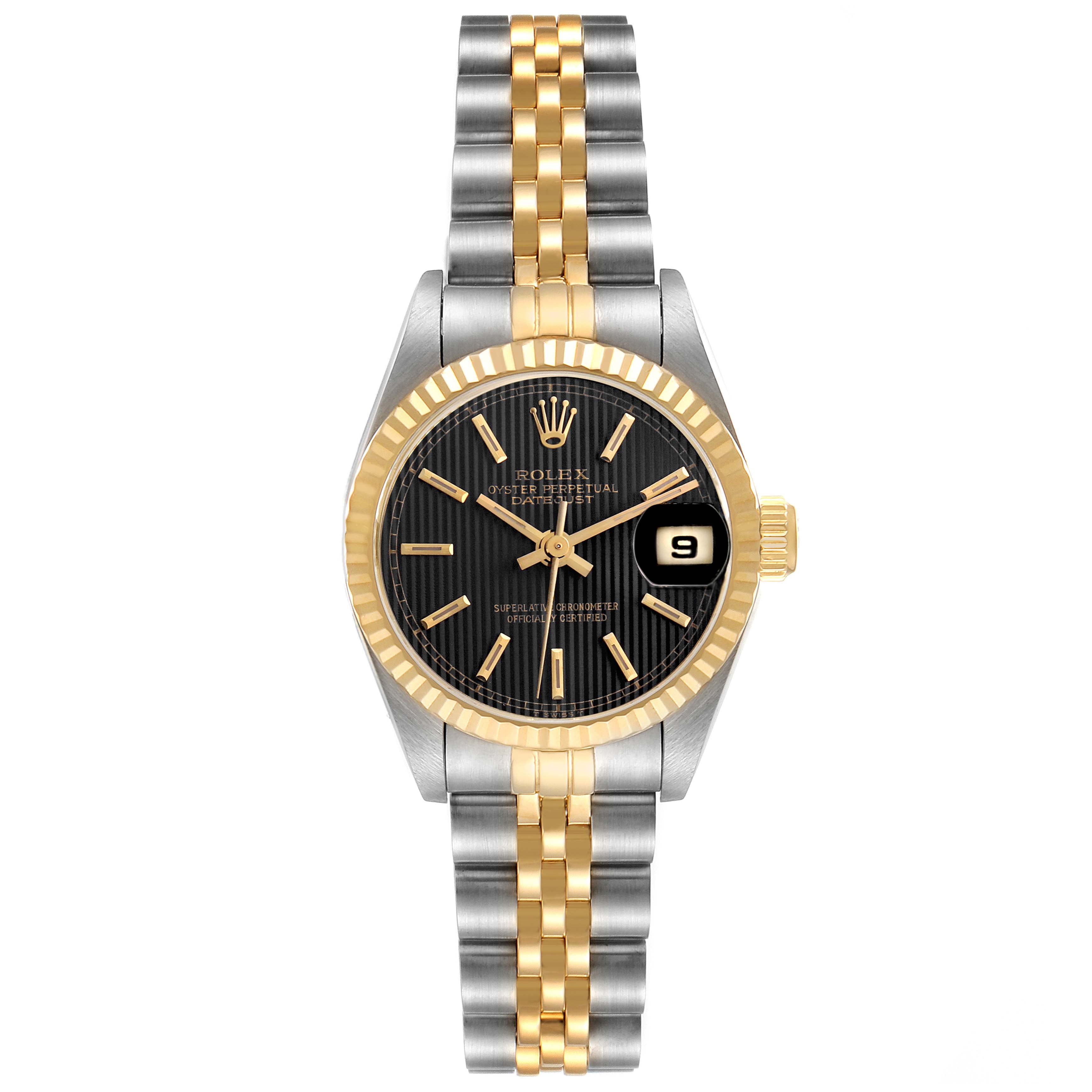 The Rolex Datejust 69173 Women's Steel and Gold (two tone) Black Dial 69173 Women's Steel and Gold (two tone) Black Dial watch is shown from the front, featuring its dial, case, bezel, bracelet, and date window.