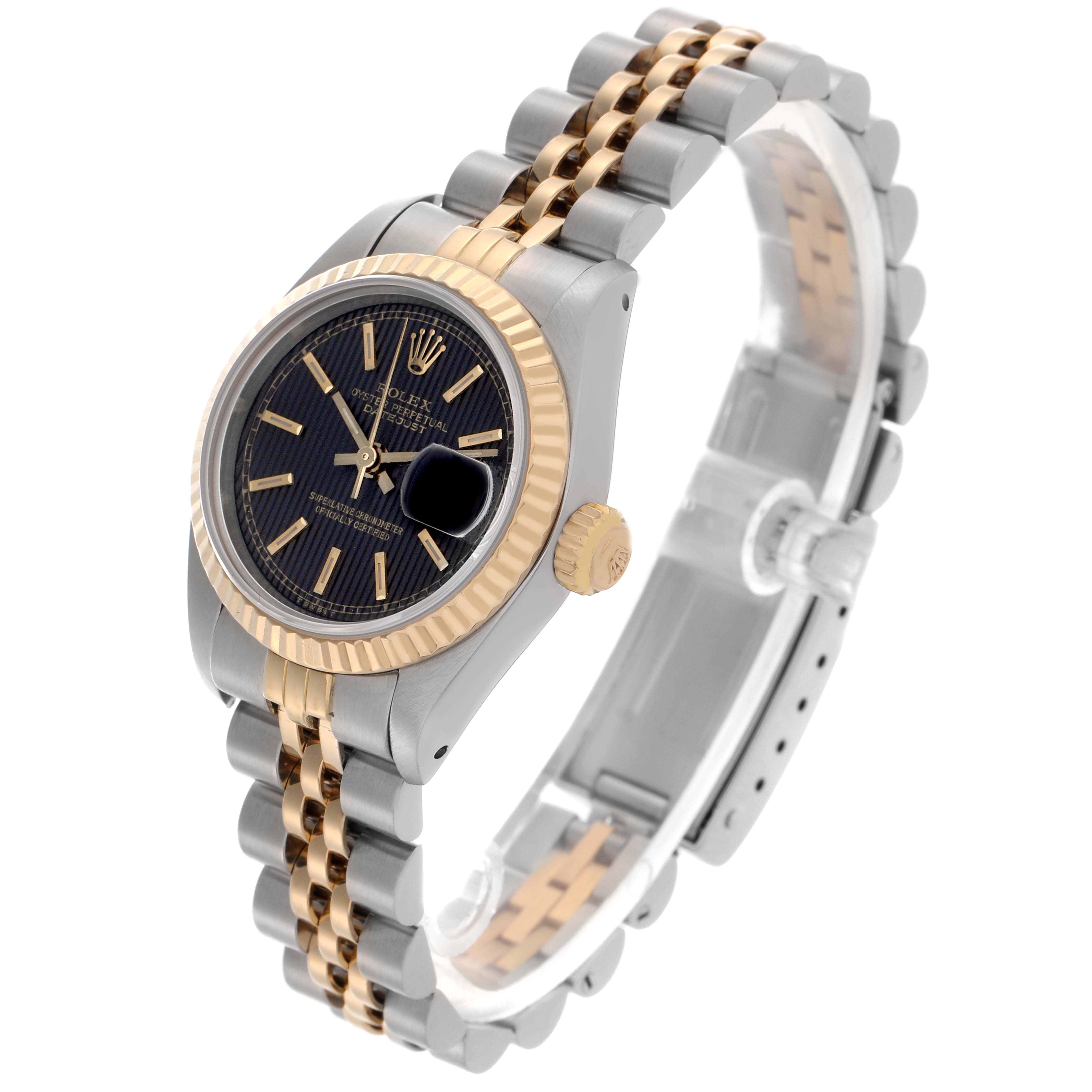 The Rolex Datejust 69173 Women's Steel and Gold (two tone) Black Dial 69173 Women's Steel and Gold (two tone) Black Dial watch is shown at a tilted angle highlighting its face, bezel, crown, and two-tone bracelet.