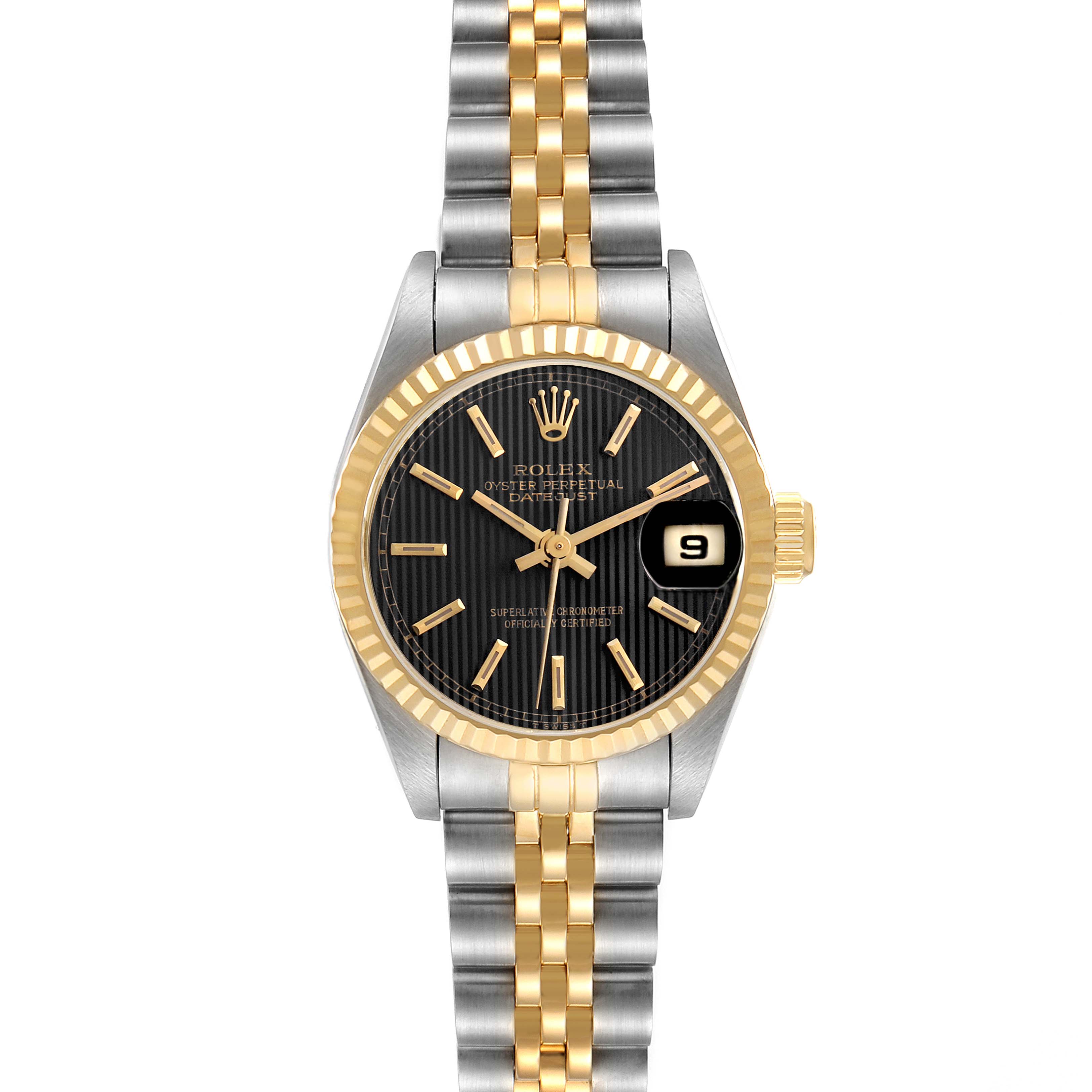 The Rolex Datejust 69173 Women's Steel and Gold (two tone) Black Dial 69173 Women's Steel and Gold (two tone) Black Dial watch is shown from a front view, highlighting its face, bezel, two-tone bracelet, and date feature.