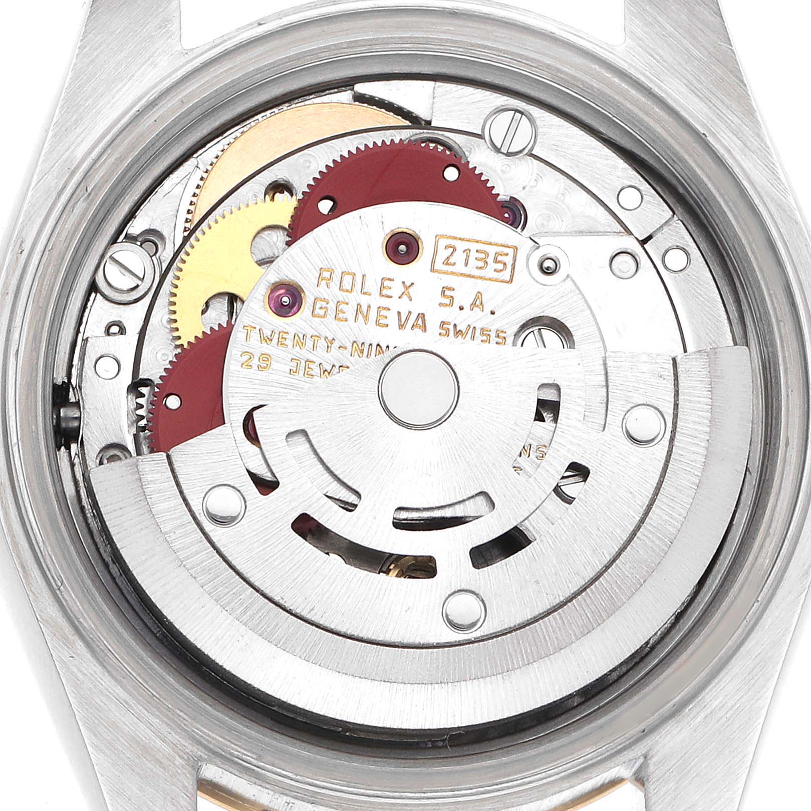 The image shows the back view of a Rolex Datejust 69173 Women's Steel and Gold (two tone) Black Dial 69173 Women's Steel and Gold (two tone) Black Dial, displaying its movement and components.