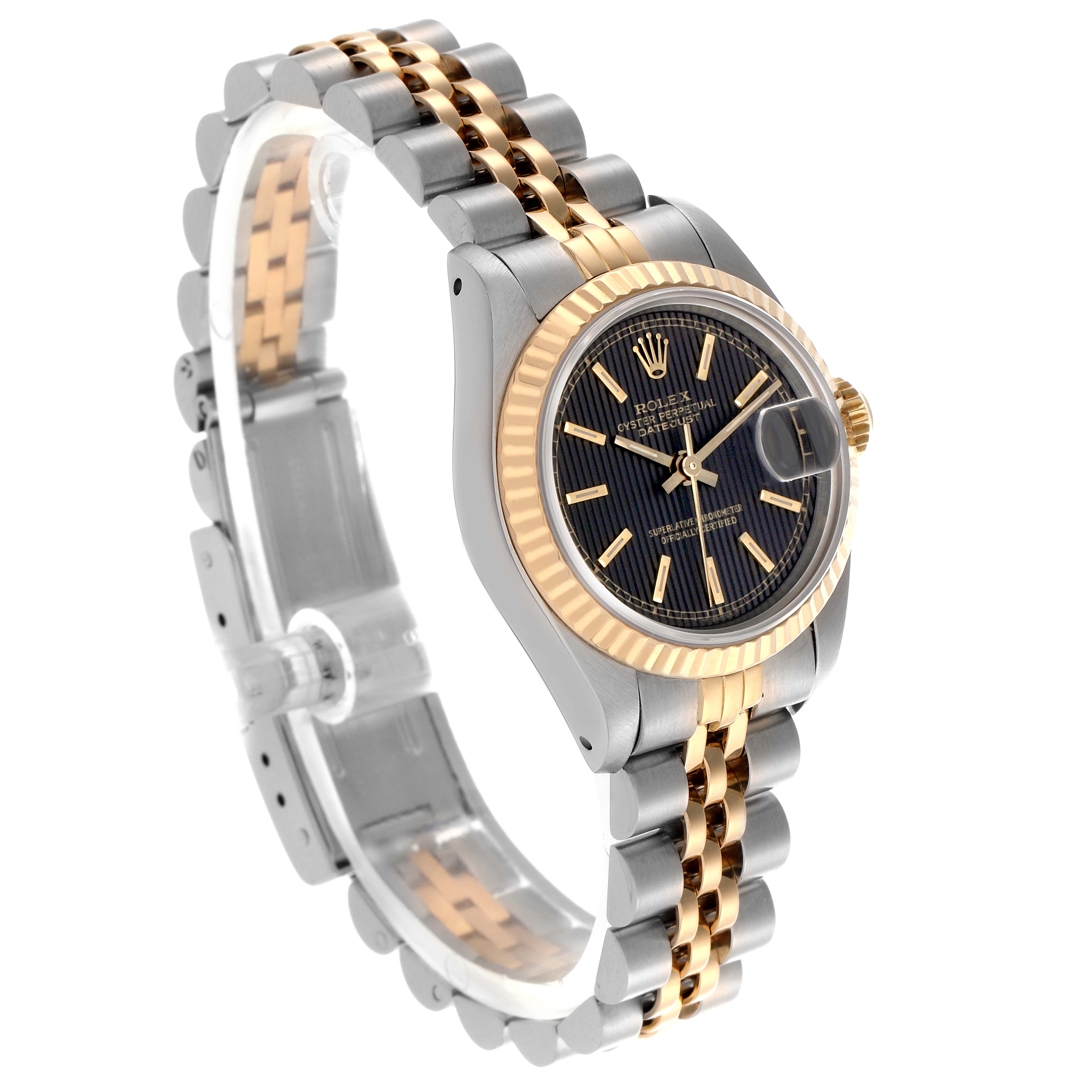 The Rolex Datejust 69173 Women's Steel and Gold (two tone) Black Dial 69173 Women's Steel and Gold (two tone) Black Dial watch is shown at a three-quarter angle, highlighting the face, bezel, crown, and two-tone bracelet.