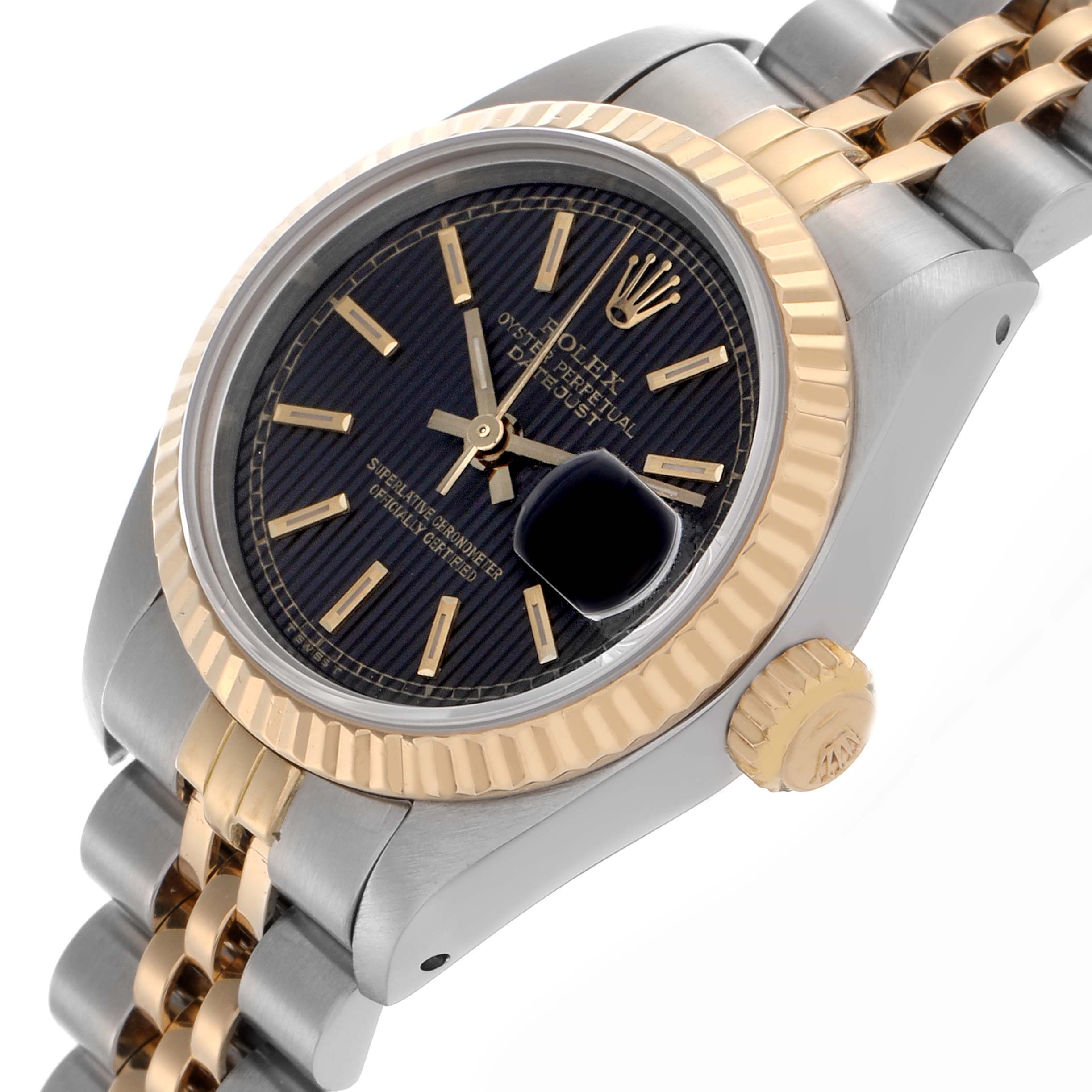 The Rolex Datejust 69173 Women's Steel and Gold (two tone) Black Dial 69173 Women's Steel and Gold (two tone) Black Dial watch is shown at a slight side angle, highlighting the dial, bezel, and part of the bracelet.