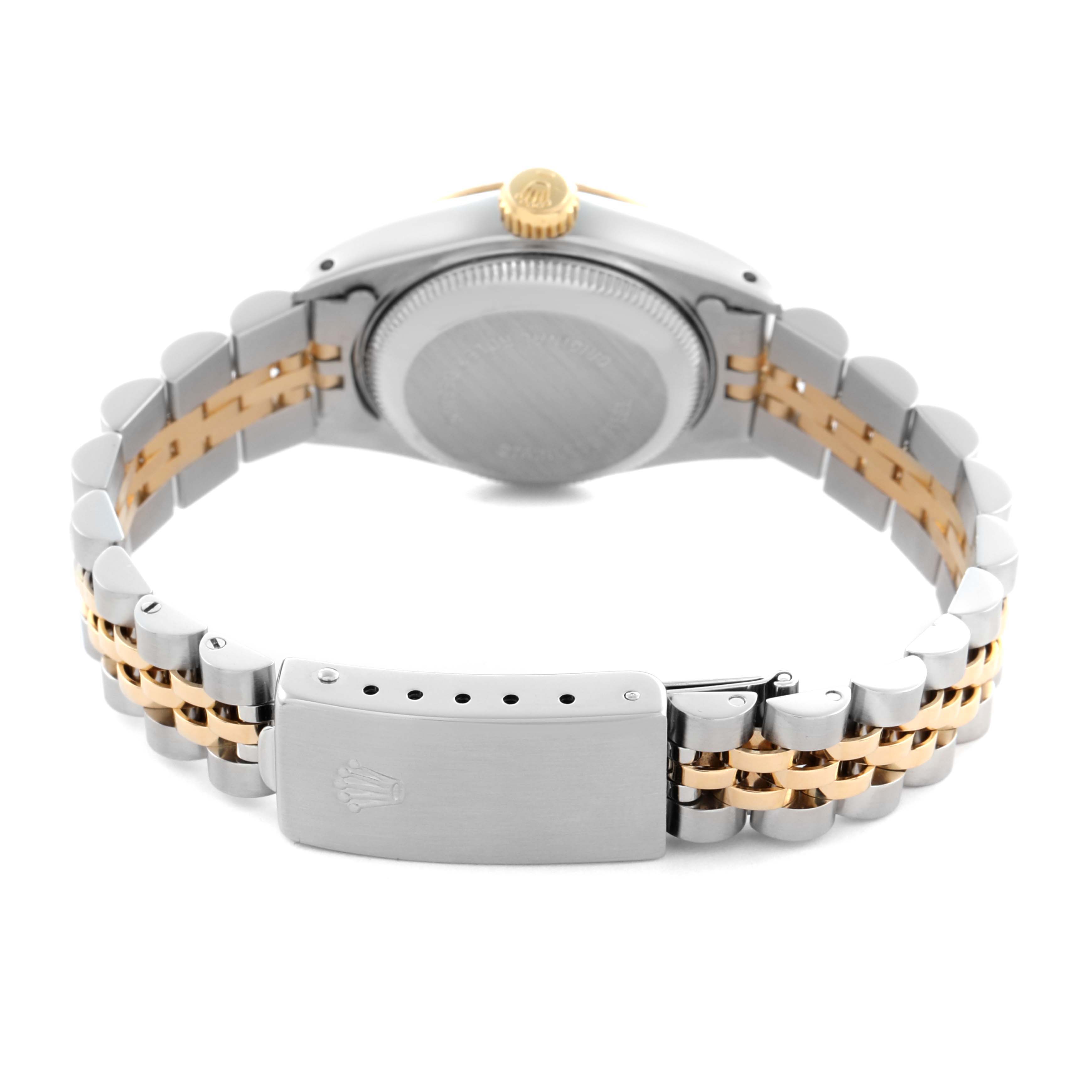 The image shows the Rolex Datejust 69173 Women's Steel and Gold (two tone) Black Dial 69173 Women's Steel and Gold (two tone) Black Dial watch from the back, highlighting the case back and two-tone bracelet with clasp.