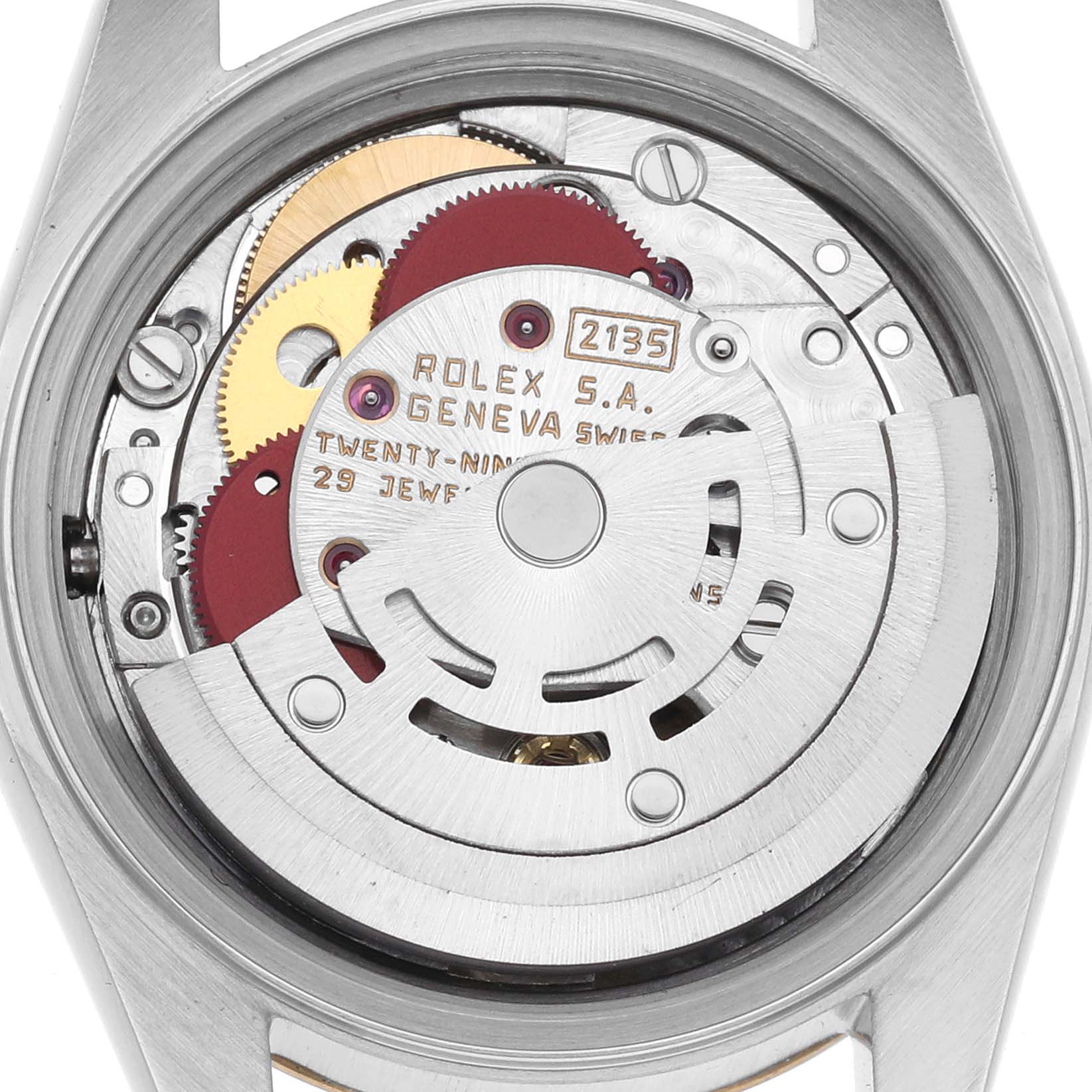 The image shows the back of a Rolex Datejust 69173 Women's Steel and Gold (two tone) Champagne Dial 69173 Women's Steel and Gold (two tone) Champagne Dial, revealing its internal movement and gears.