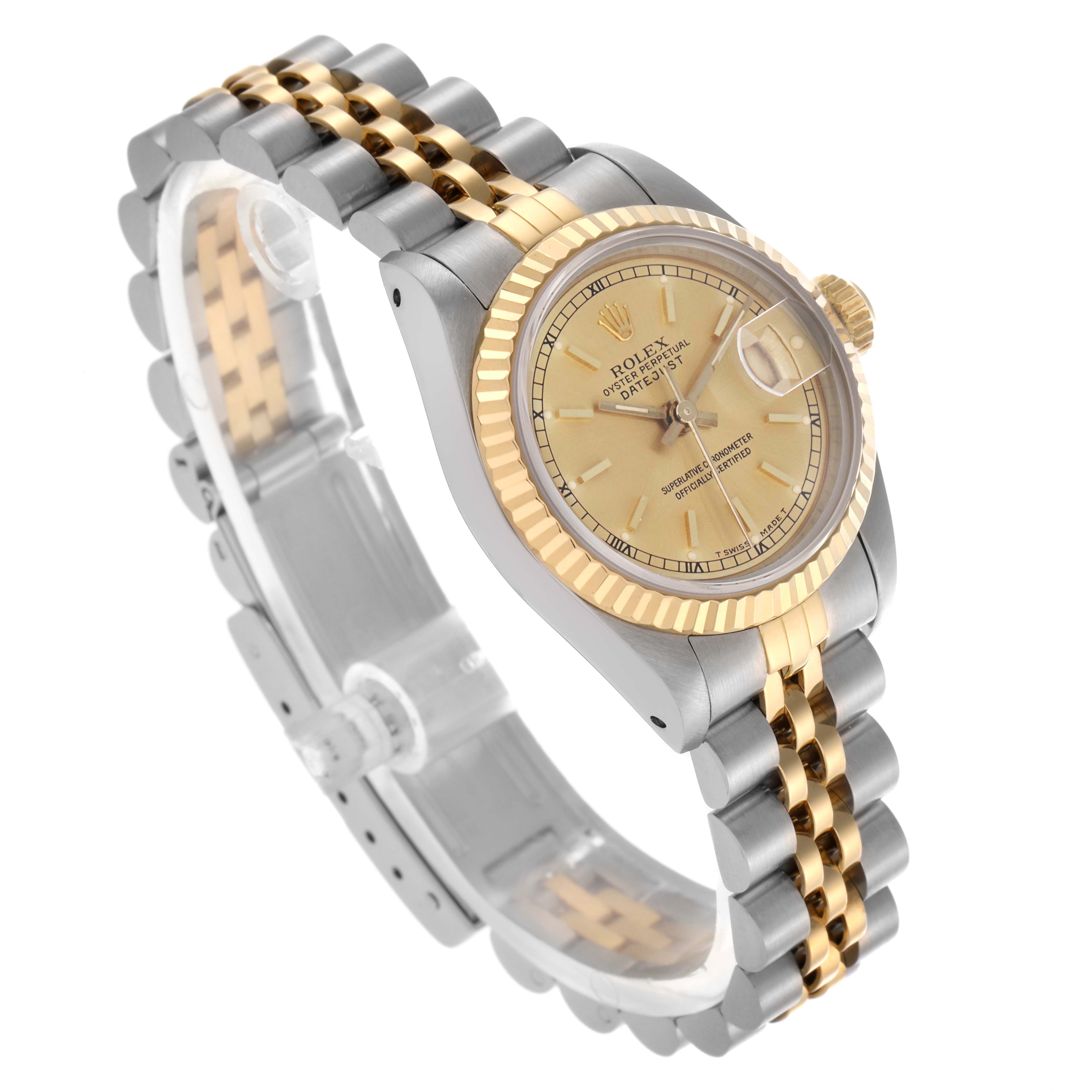 The Rolex Datejust 69173 Women's Steel and Gold (two tone) Champagne Dial 69173 Women's Steel and Gold (two tone) Champagne Dial watch is shown at a three-quarter angle, highlighting the gold and silver bracelet, fluted bezel, and champagne dial.