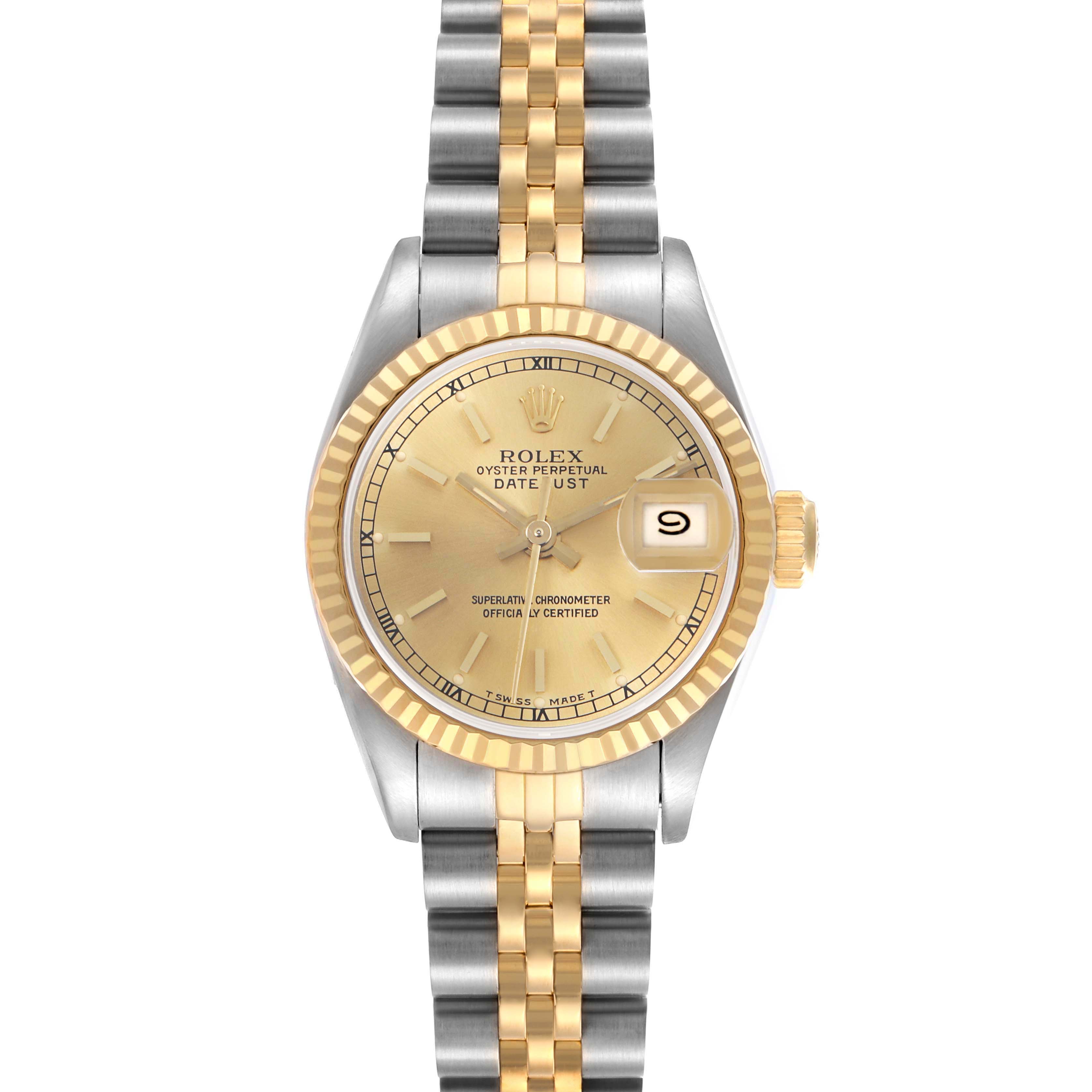 The Rolex Datejust 69173 Women's Steel and Gold (two tone) Champagne Dial 69173 Women's Steel and Gold (two tone) Champagne Dial watch is shown from a top view, highlighting the dial, bezel, and two-tone bracelet.