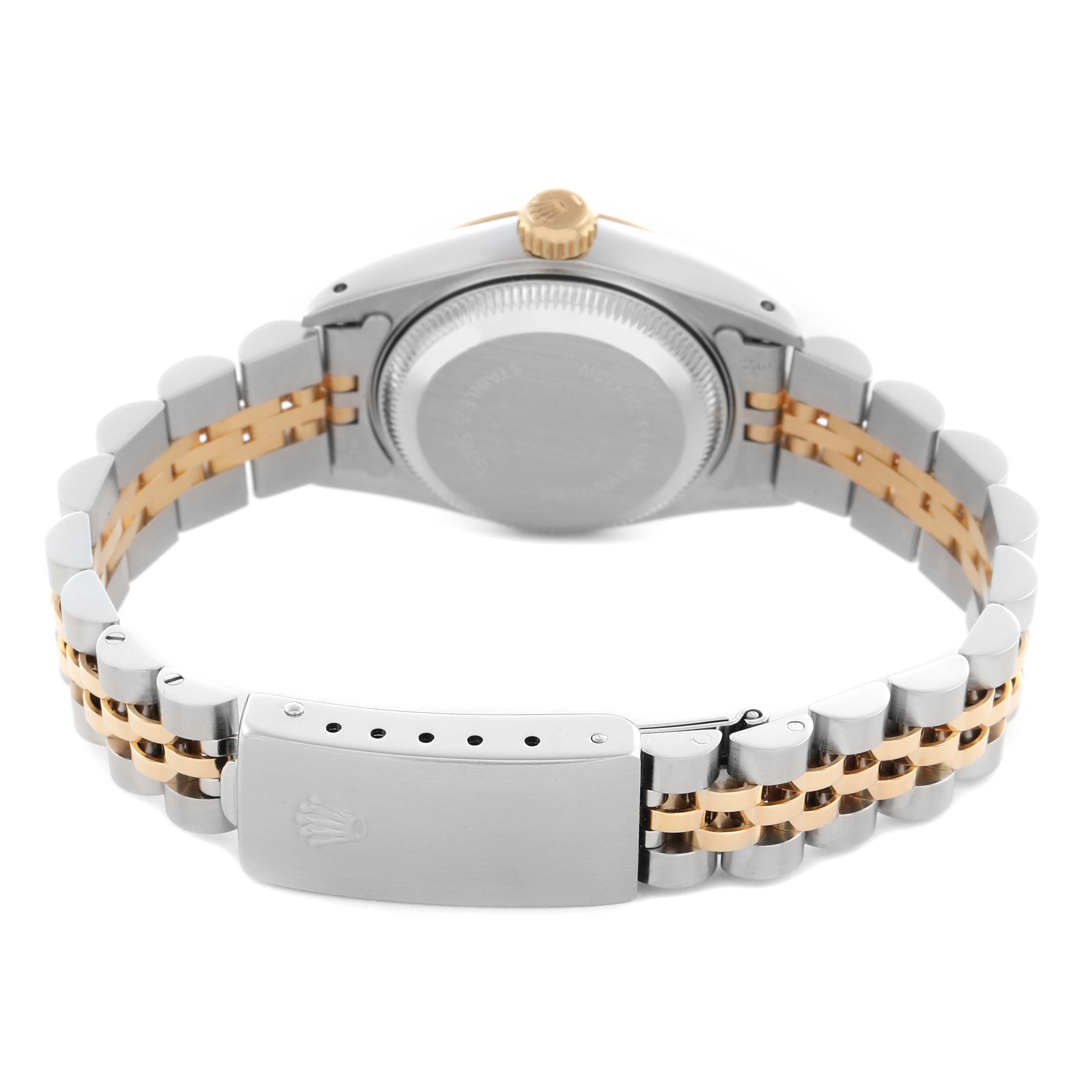 The image shows the back of a Rolex Datejust 69173 Women's Steel and Gold (two tone) Champagne Dial 69173 Women's Steel and Gold (two tone) Champagne Dial, highlighting the bracelet and clasp.