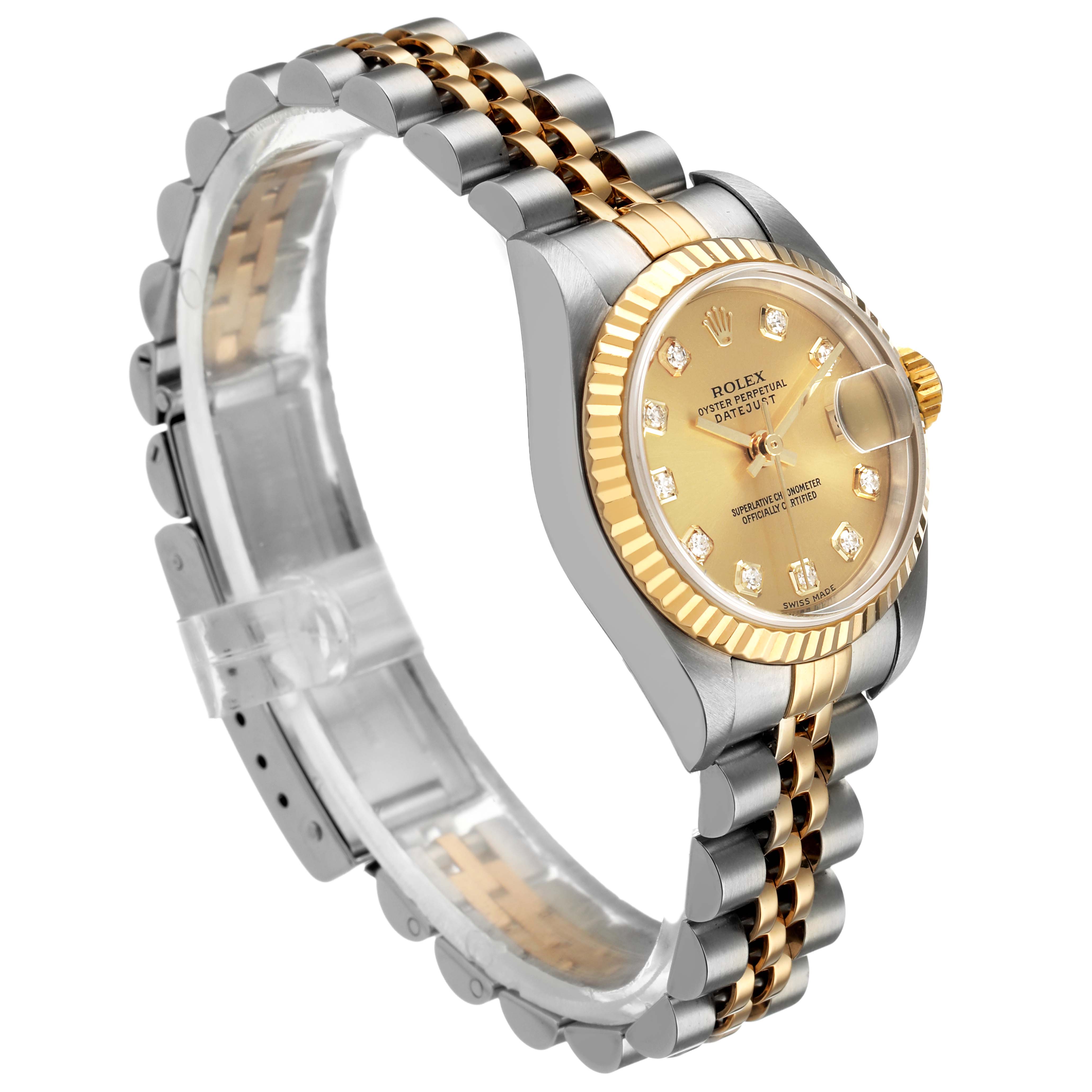 The Rolex Datejust 79173 Women's Steel and Gold (two tone) Champagne Dial watch is shown at a side angle, highlighting its gold and silver bracelet, fluted bezel, and champagne dial.