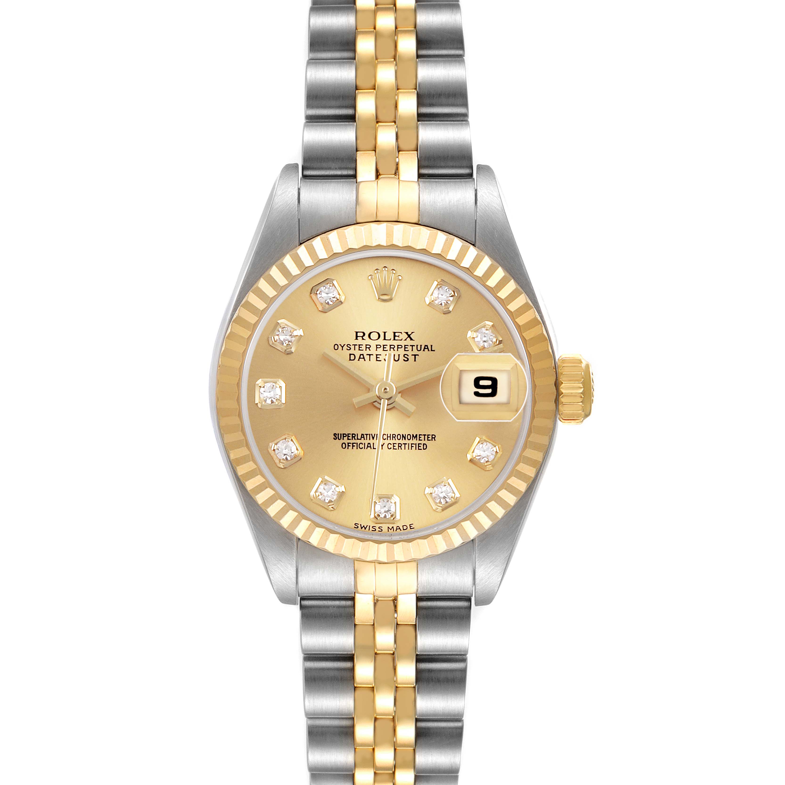 The Rolex Datejust 79173 Women's Steel and Gold (two tone) Champagne Dial watch is shown from a front angle, highlighting its gold and silver bracelet, fluted bezel, and diamond markers.