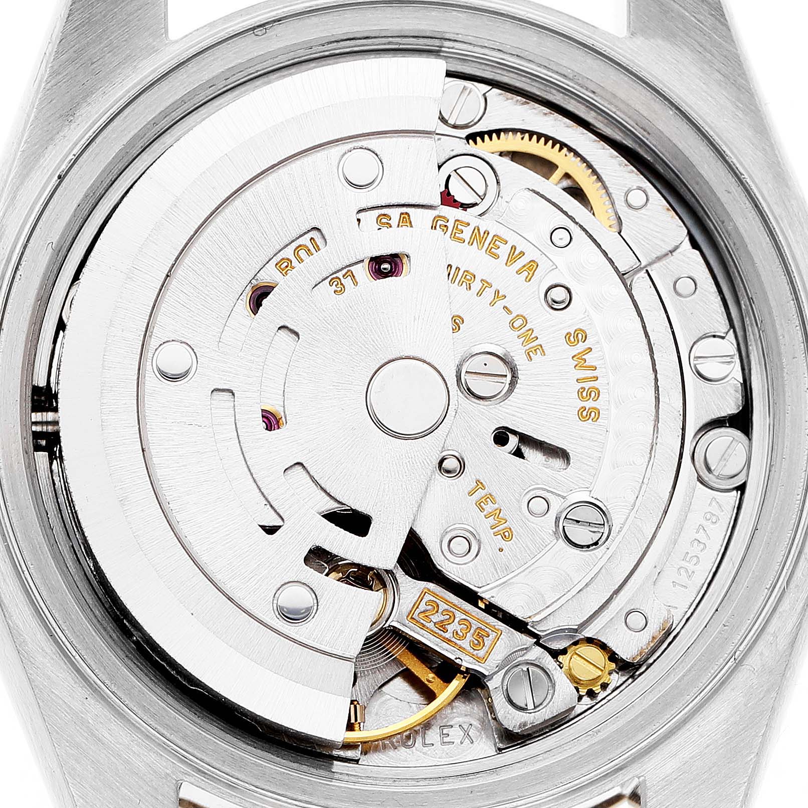 The image shows the movement and inner workings of a Rolex Datejust 79173 Women's Steel and Gold (two tone) Champagne Dial watch from the back view.