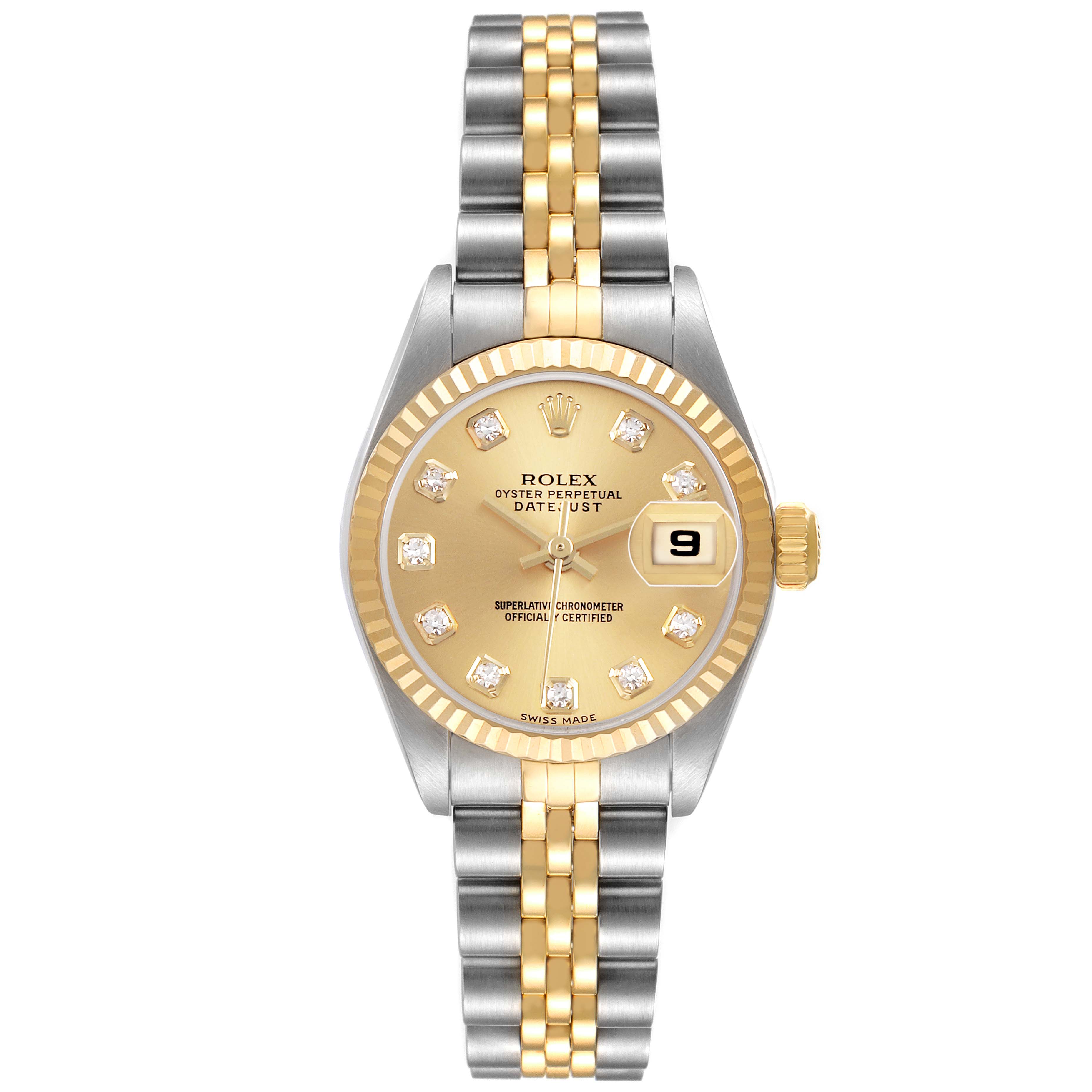 The Rolex Datejust 79173 Women's Steel and Gold (two tone) Champagne Dial watch is shown front-facing, displaying the dial, bezel, and Jubilee bracelet.