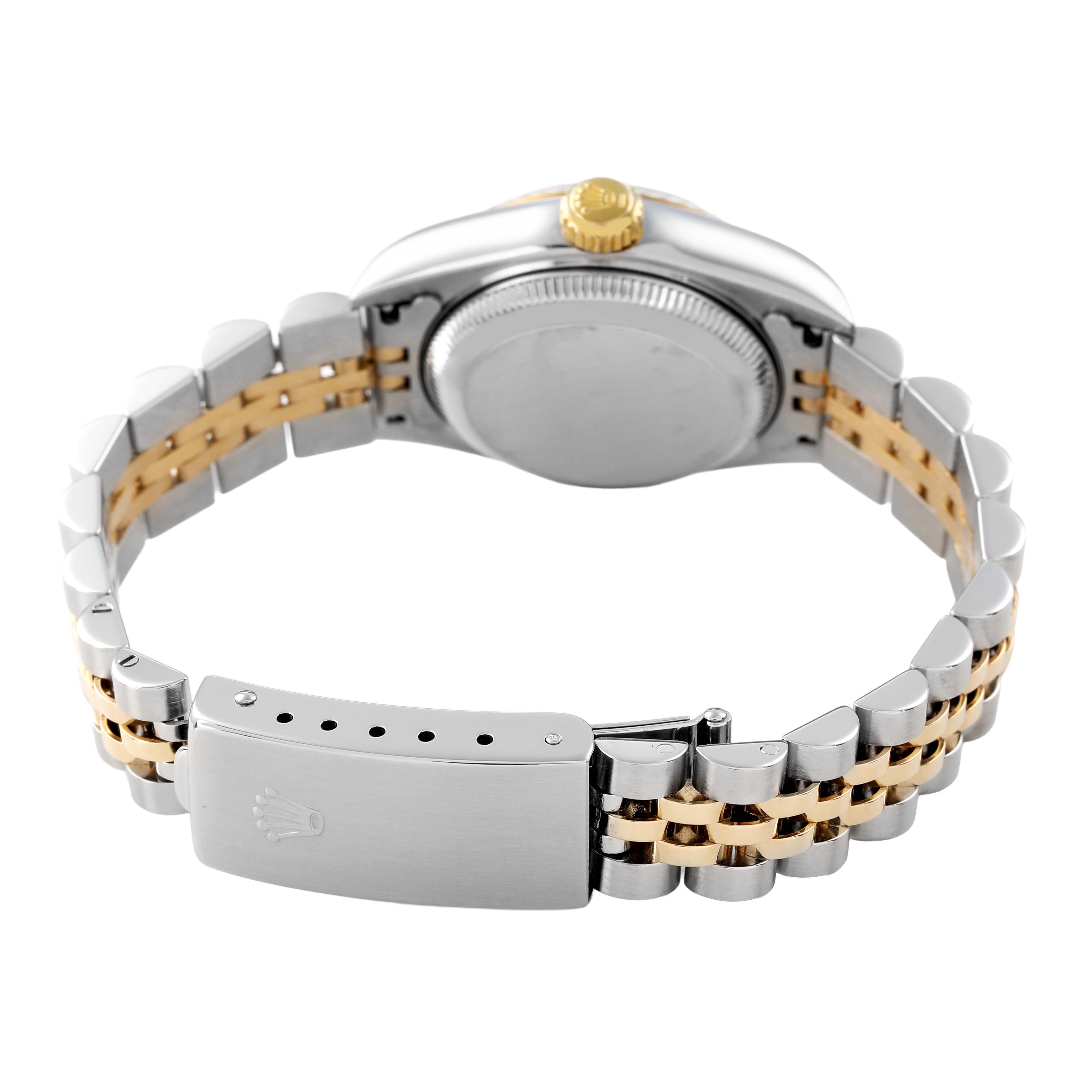 The image shows the back of a Rolex Datejust 79173 Women's Steel and Gold (two tone) Champagne Dial watch, highlighting the bracelet, clasp, and case back.