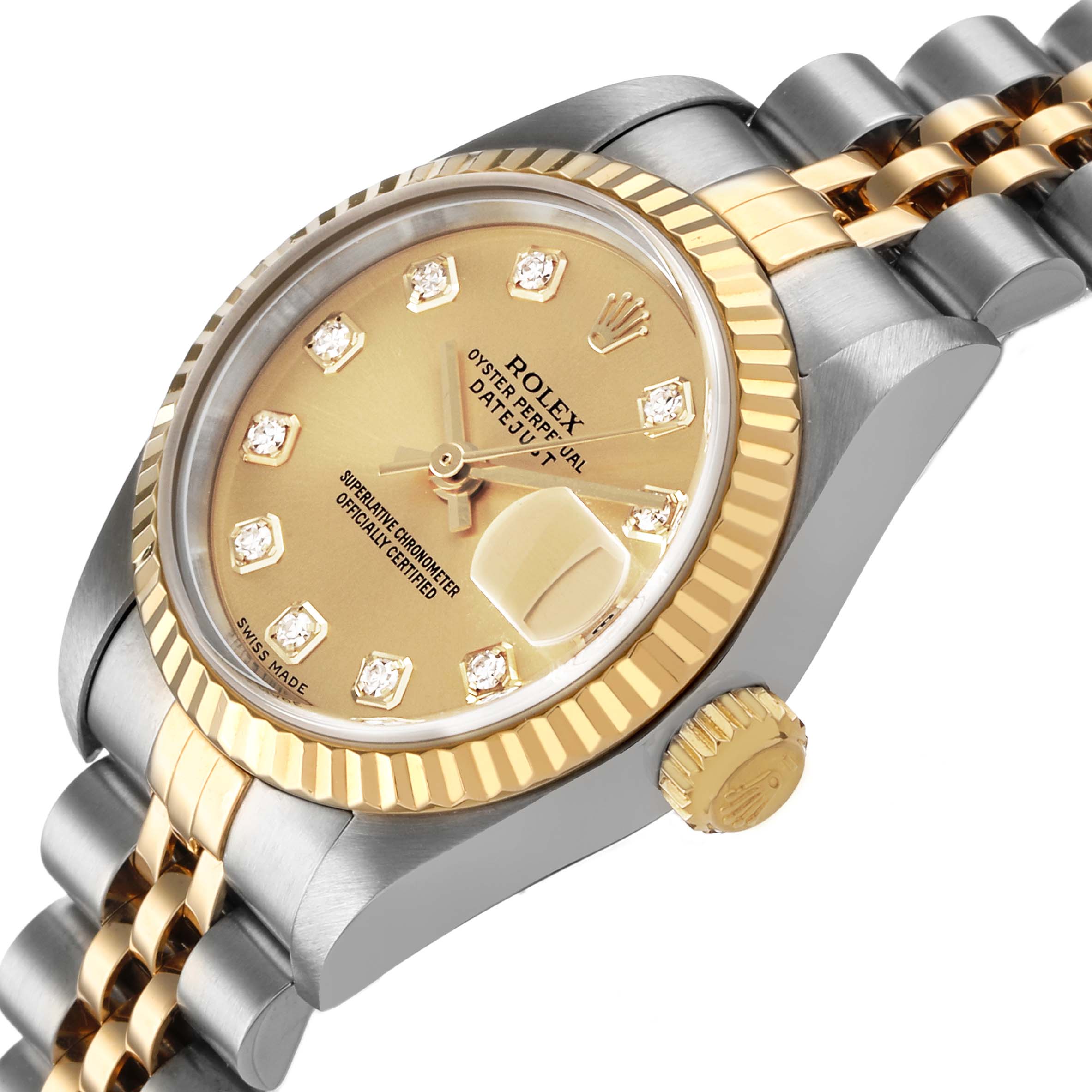 The Rolex Datejust 79173 Women's Steel and Gold (two tone) Champagne Dial watch is shown at an angled view displaying the dial, bezel, crown, and part of the bracelet.