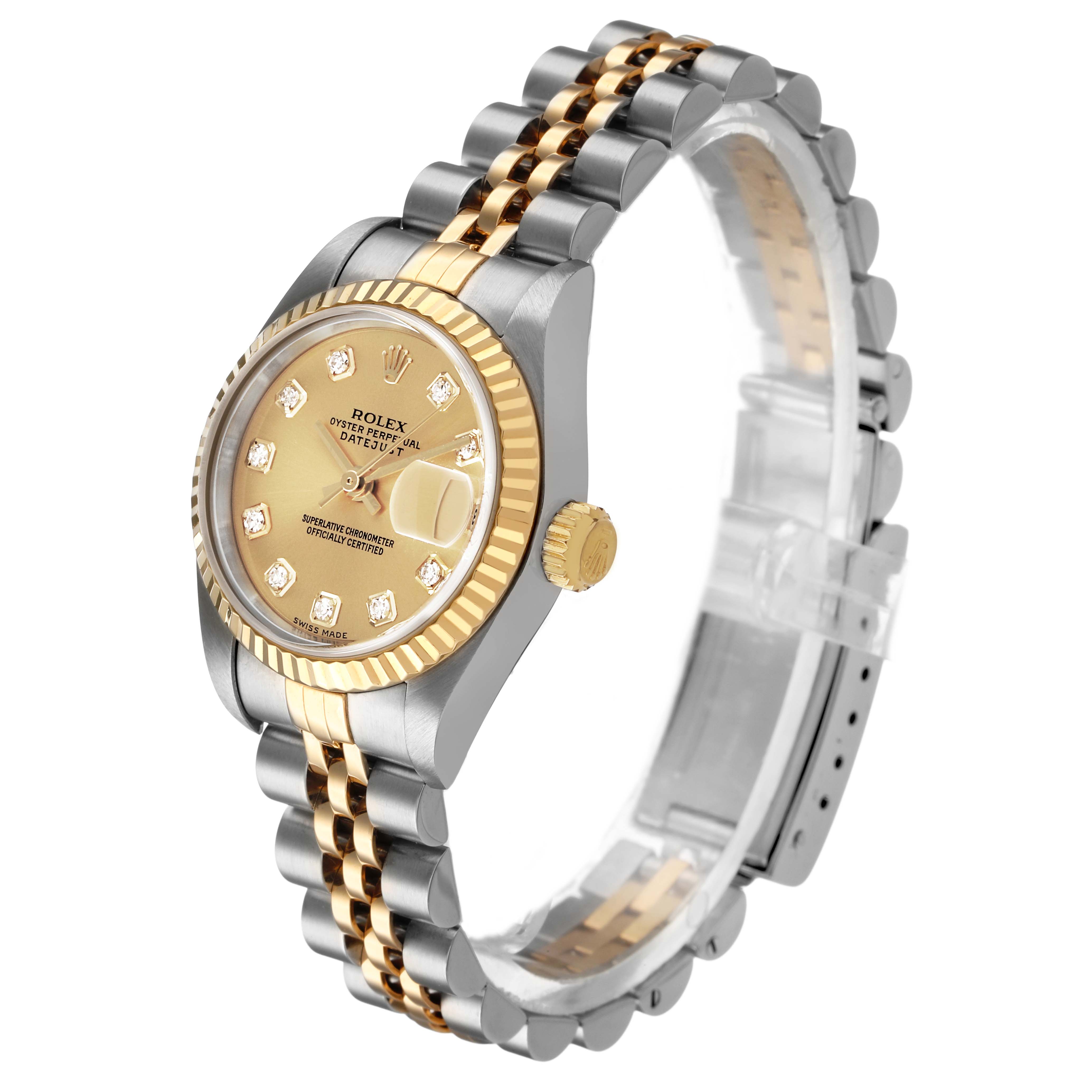 The Rolex Datejust 79173 Women's Steel and Gold (two tone) Champagne Dial watch is shown at a slight side angle, highlighting its bezel, dial, crown, and two-tone bracelet.