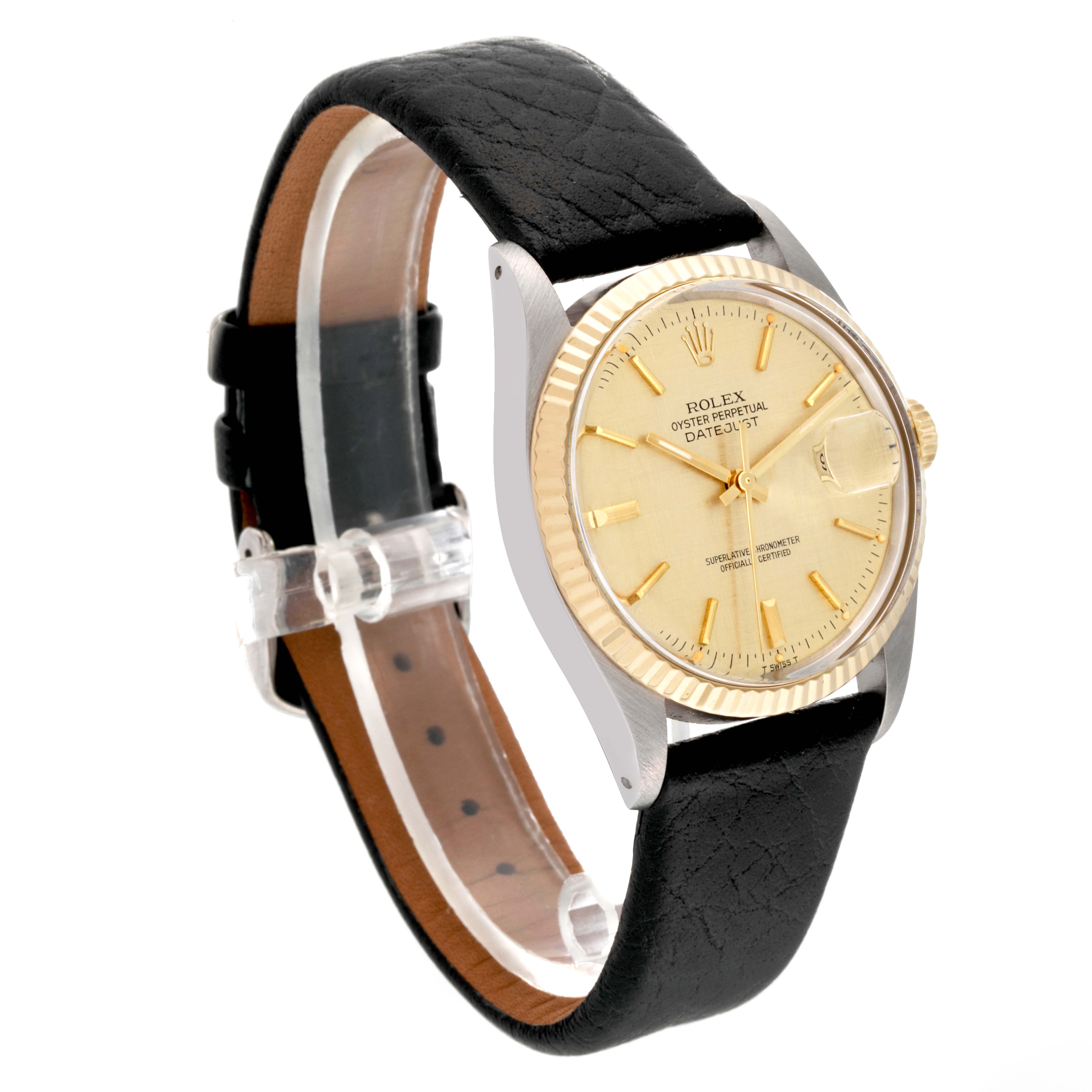 The watch is a Rolex Vintage Collection 16013 Men's Steel and Gold (two tone) Champagne Dial 16013 Men's Steel and Gold (two tone) Champagne Dial model, showing the face, bezel, and leather strap at an angled side view.