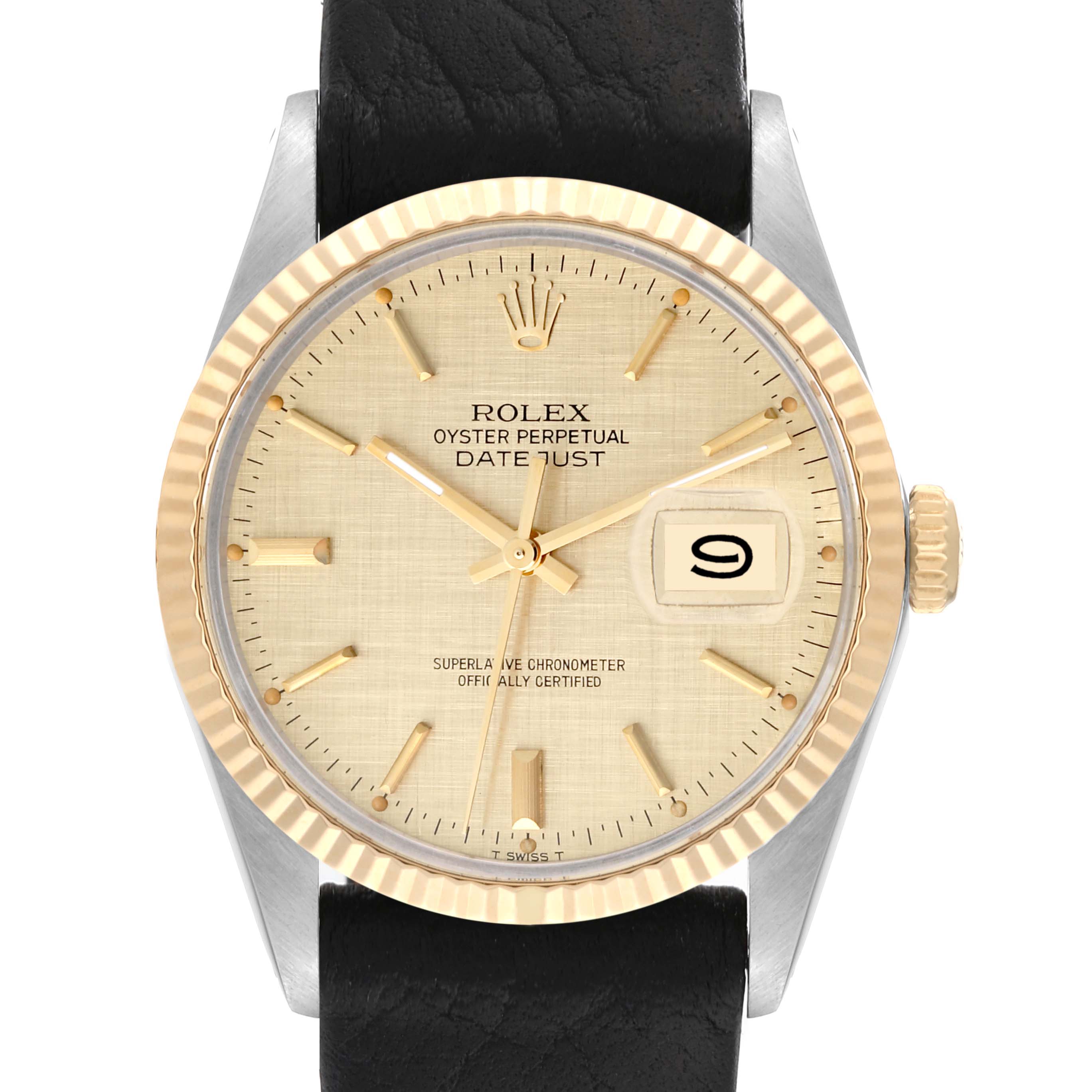 This image shows a front view of the Rolex Vintage Collection 16013 Men's Steel and Gold (two tone) Champagne Dial 16013 Men's Steel and Gold (two tone) Champagne Dial Oyster Perpetual Datejust watch, highlighting its dial, bezel, and leather strap.