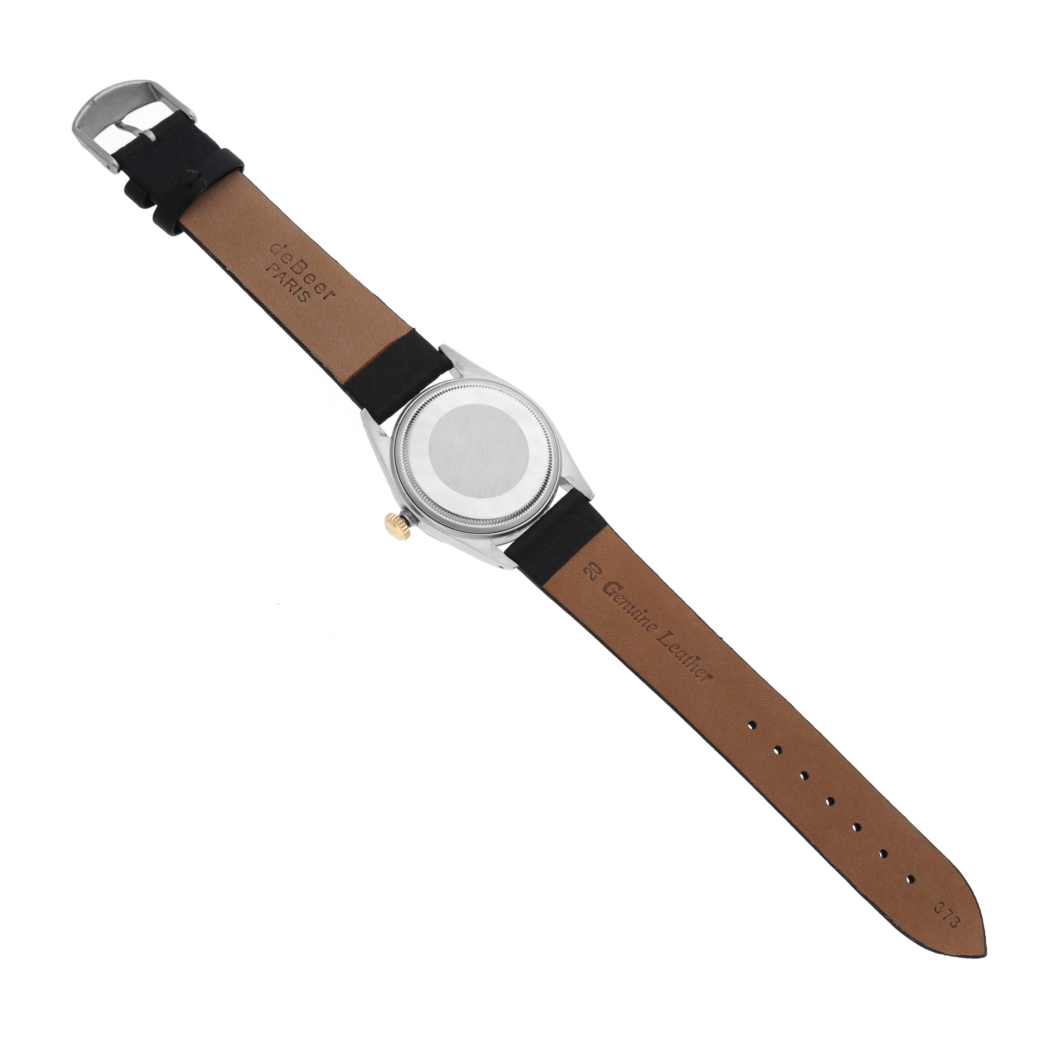 The image shows the back and strap of a Rolex Vintage Collection 16013 Men's Steel and Gold (two tone) Champagne Dial 16013 Men's Steel and Gold (two tone) Champagne Dial watch, laid flat with the caseback visible.