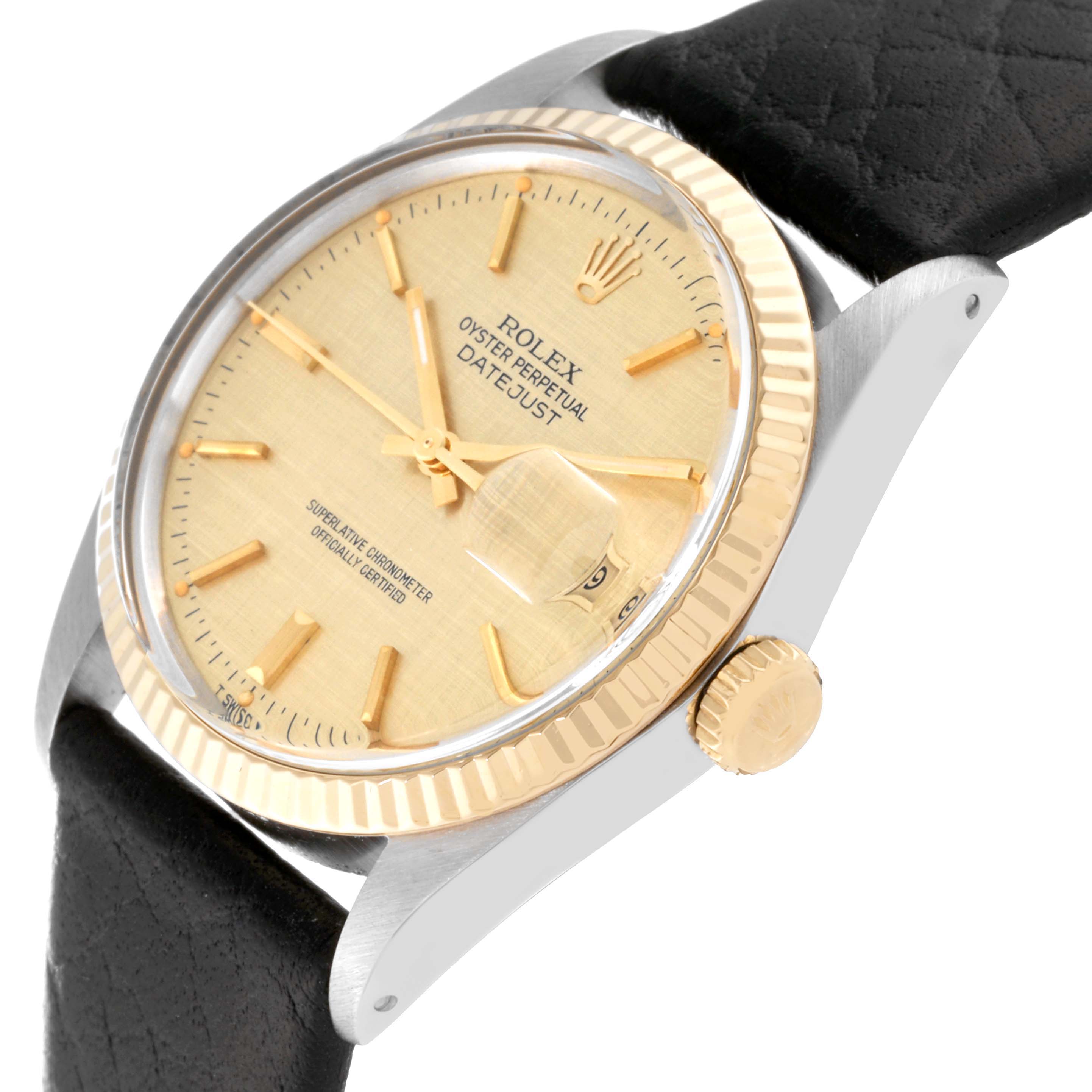 The image shows a Rolex Vintage Collection 16013 Men's Steel and Gold (two tone) Champagne Dial 16013 Men's Steel and Gold (two tone) Champagne Dial Datejust watch at an angled close-up, highlighting the dial, bezel, case, and crown.