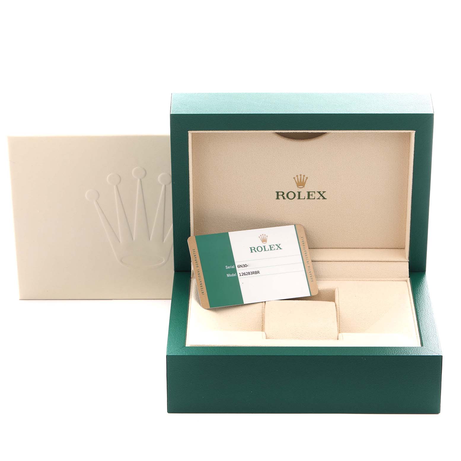 The image shows an open box for a Rolex Datejust 126283 Men's Steel and Gold (two tone) Champagne Dial 126283 Men's Steel and Gold (two tone) Champagne Dial watch, along with a warranty card.