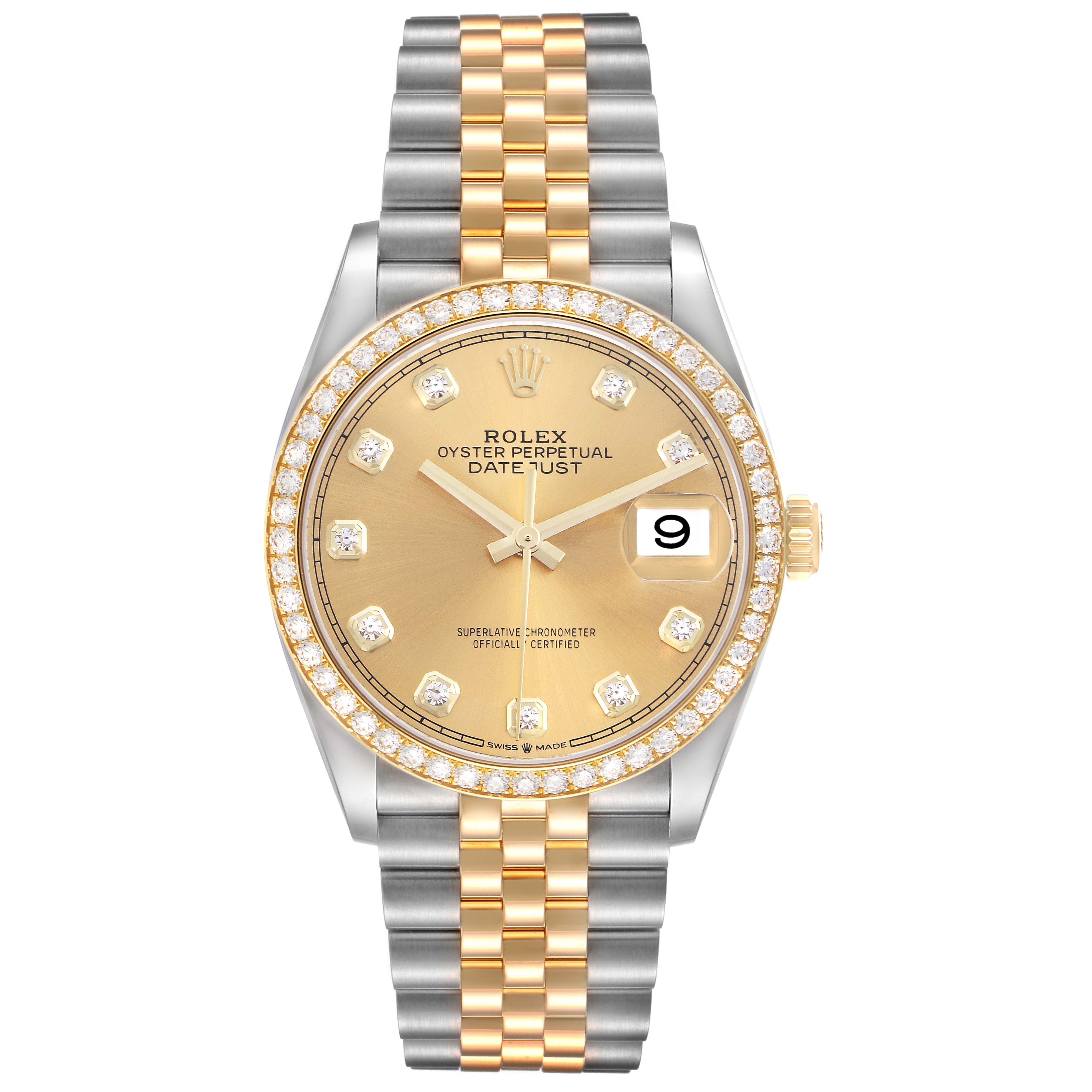 This is a front view of the Rolex Datejust 126283 Men's Steel and Gold (two tone) Champagne Dial 126283 Men's Steel and Gold (two tone) Champagne Dial watch, showing its dial, bezel, and bracelet.